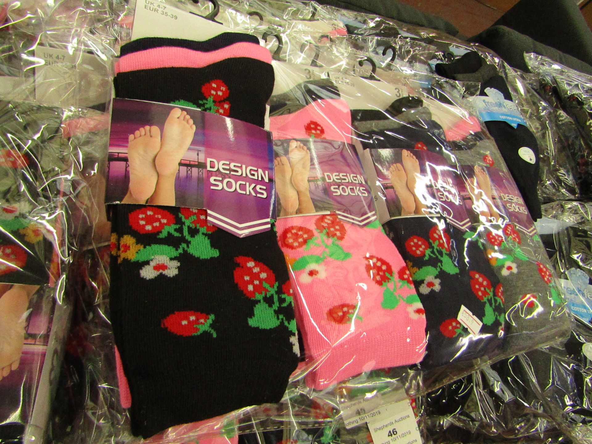 Pack of 12 x pairs Ladies Design Socks size 4-7 all new in packaging see image for design