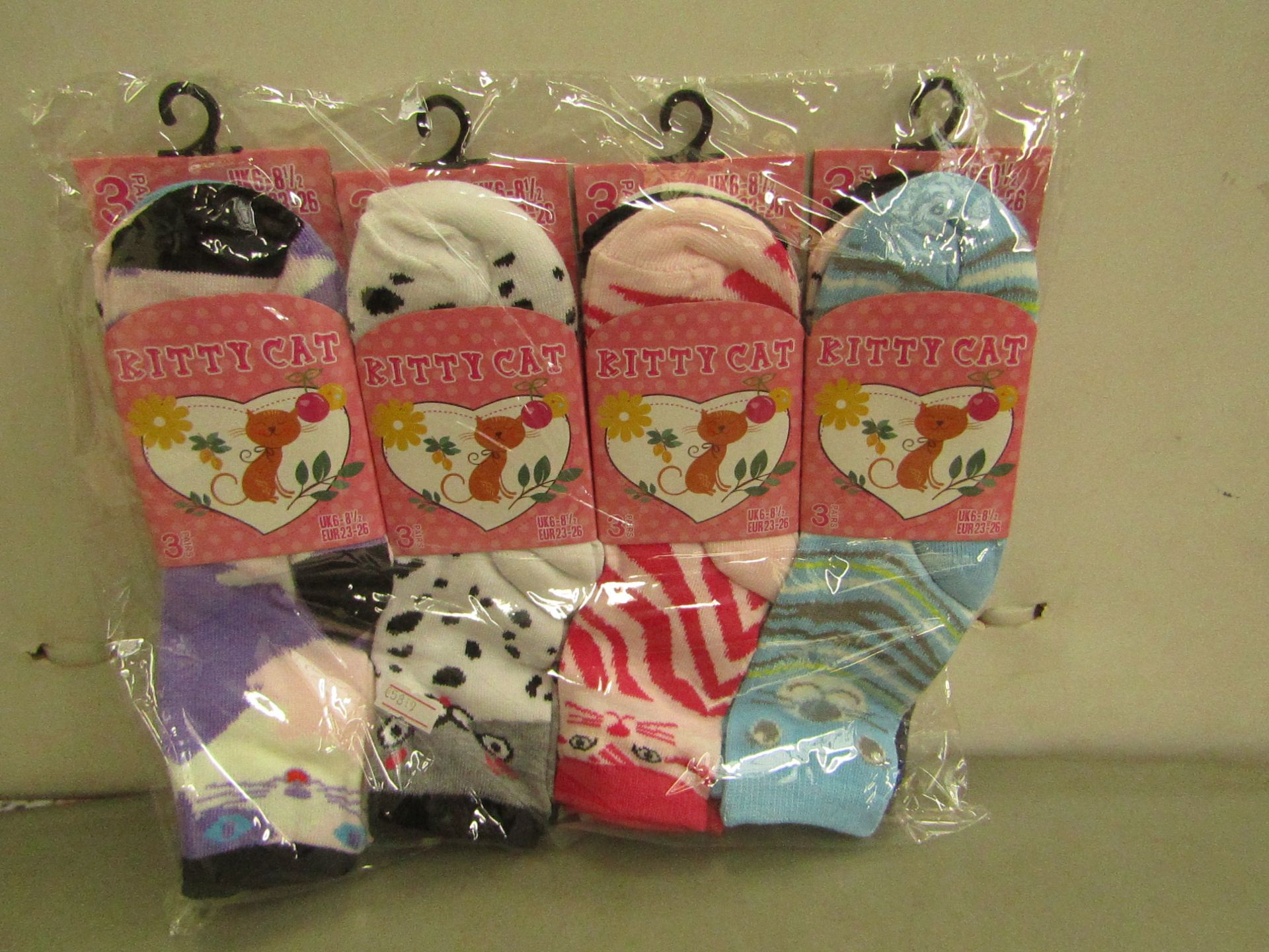 Pack of 12 Childrens Kitty Cat Themed Socks size 6 to 8 1/2 all new in packaging