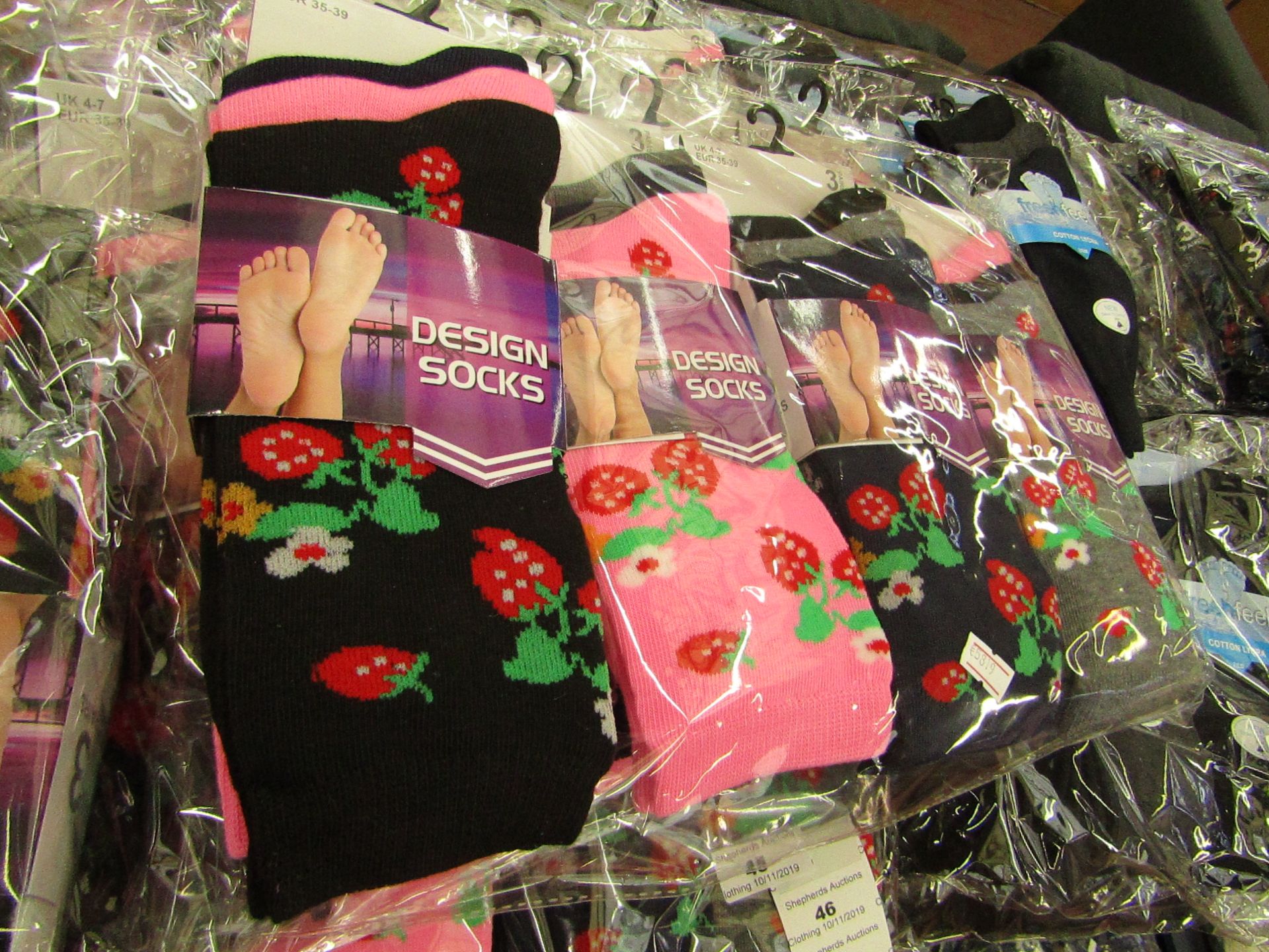 Pack of 12 x pairs Ladies Design Socks size 4-7 all new in packaging see image for design