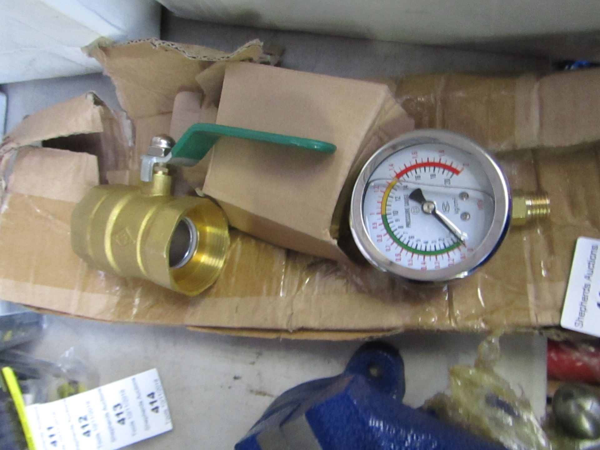 A Pressure gauge and Shut off valve, both look new
