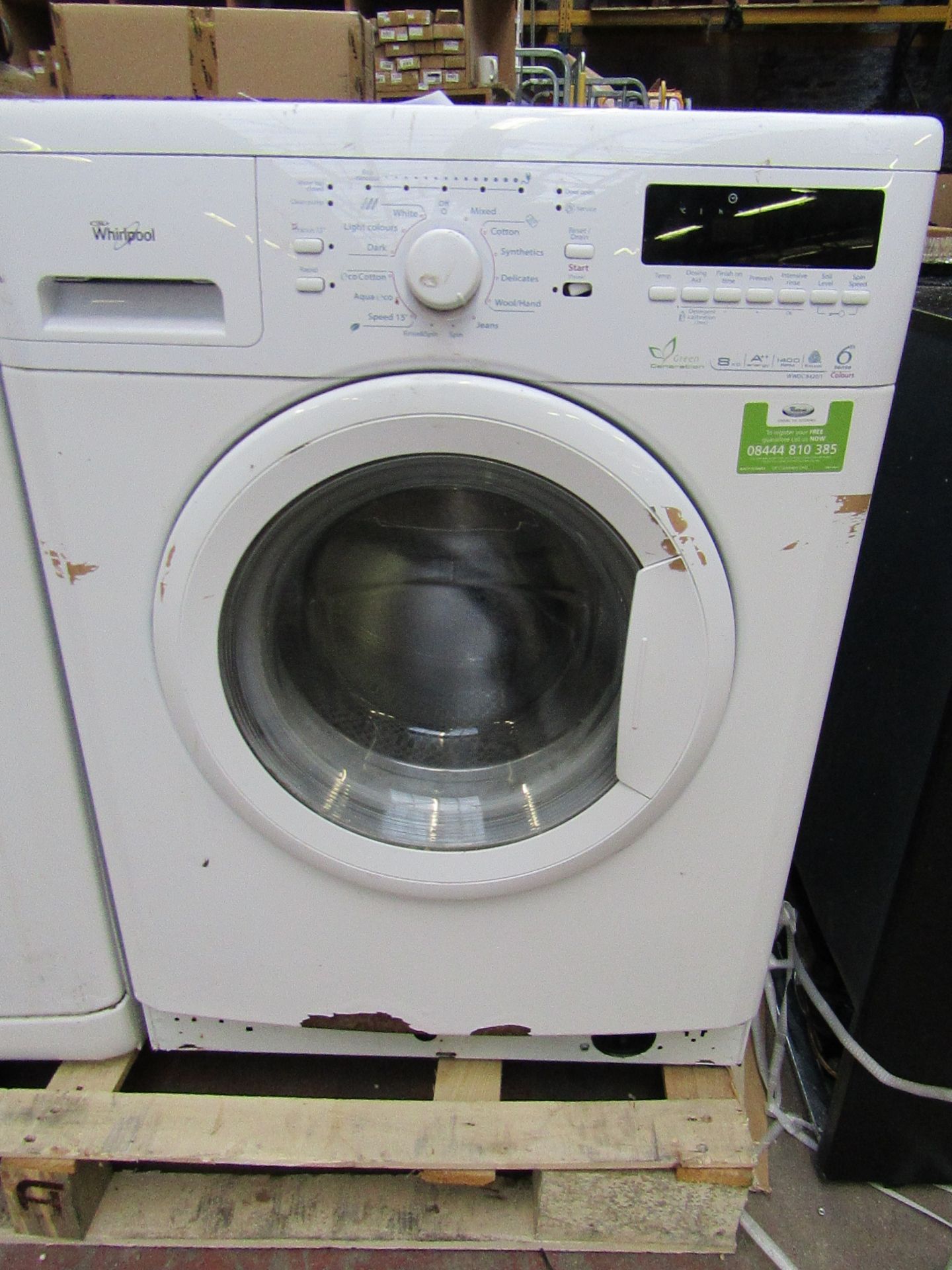 Whirlpool 6th Sense Colours 8Kg washing machine, powers on and spins.