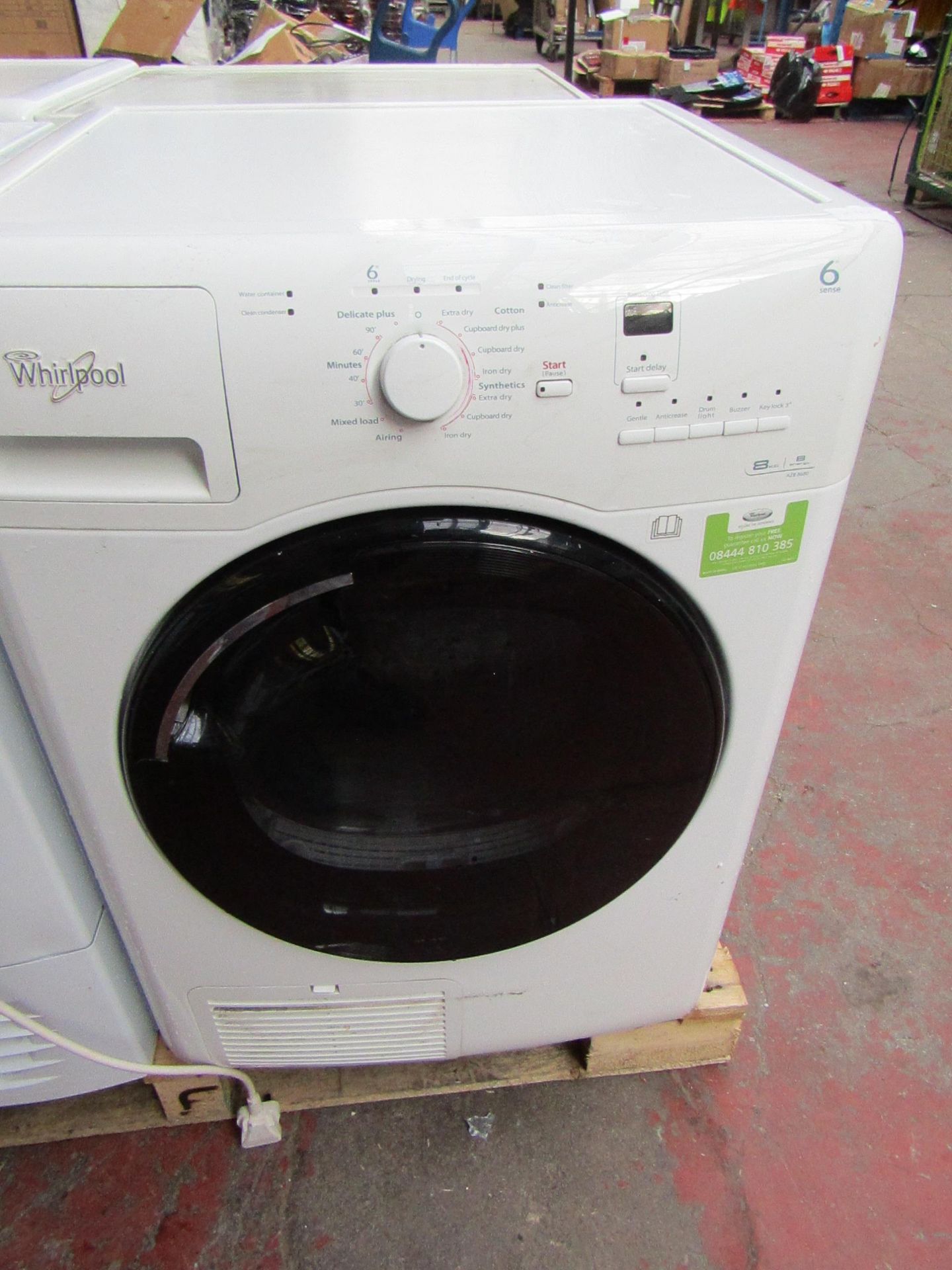 Whirlpool 6th Sense 8Kg condenser dryer, untested due to no plug.