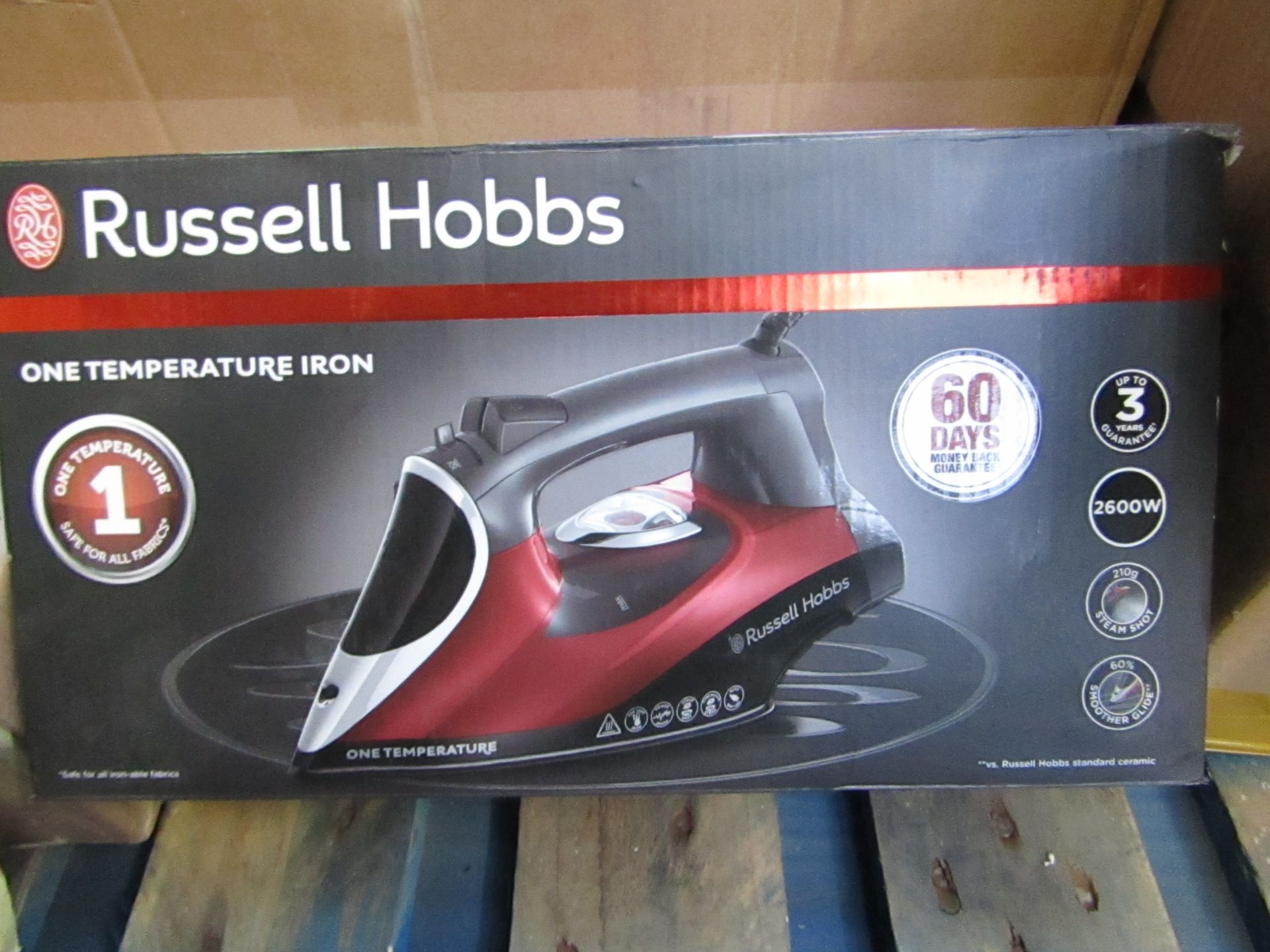 Russell Hobbs one temperature steam iron, powers on and boxed.