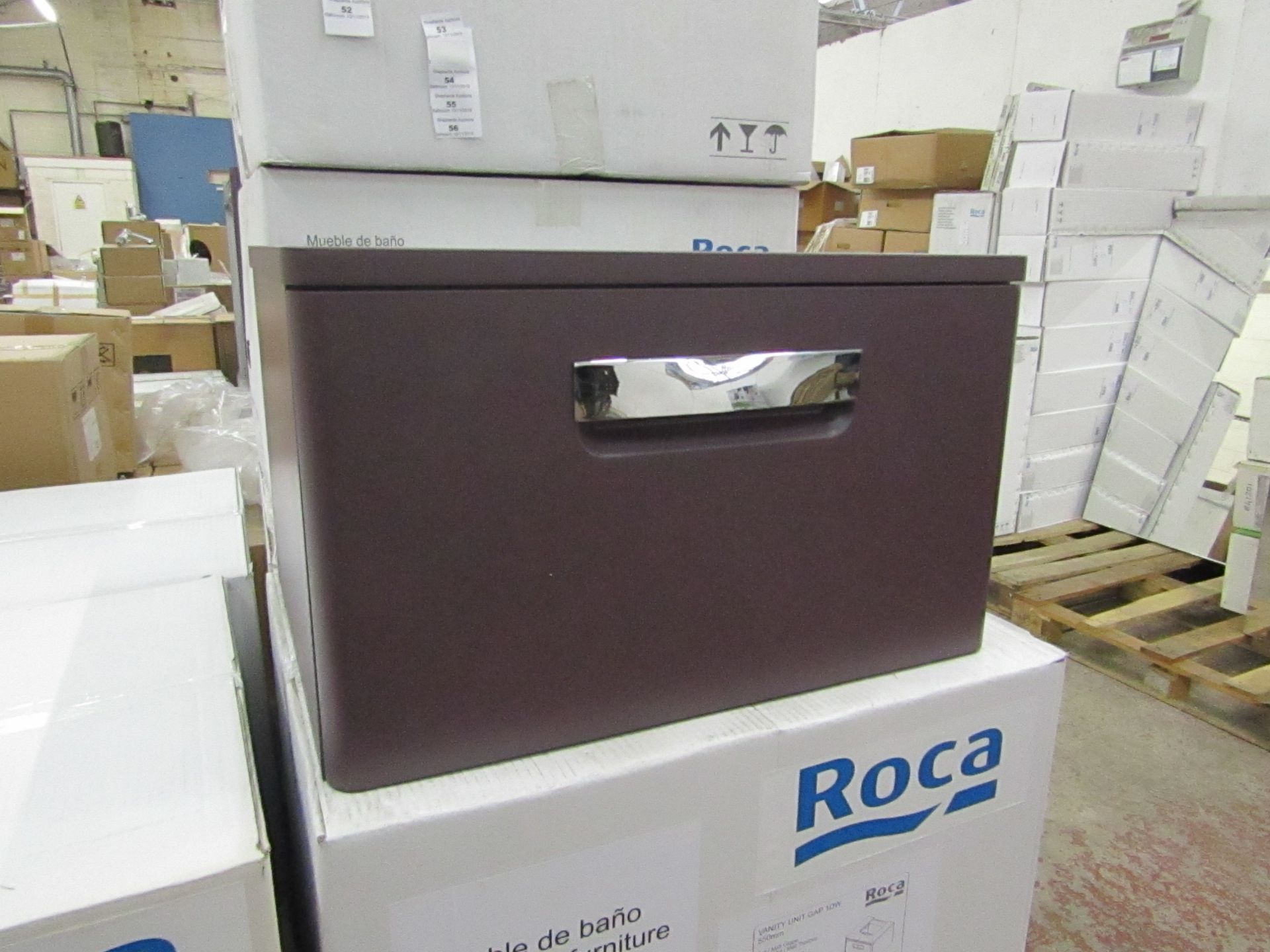 Roca Gap 550mm Grape colured single drawer wall hung vanity unit with built on work top, new and