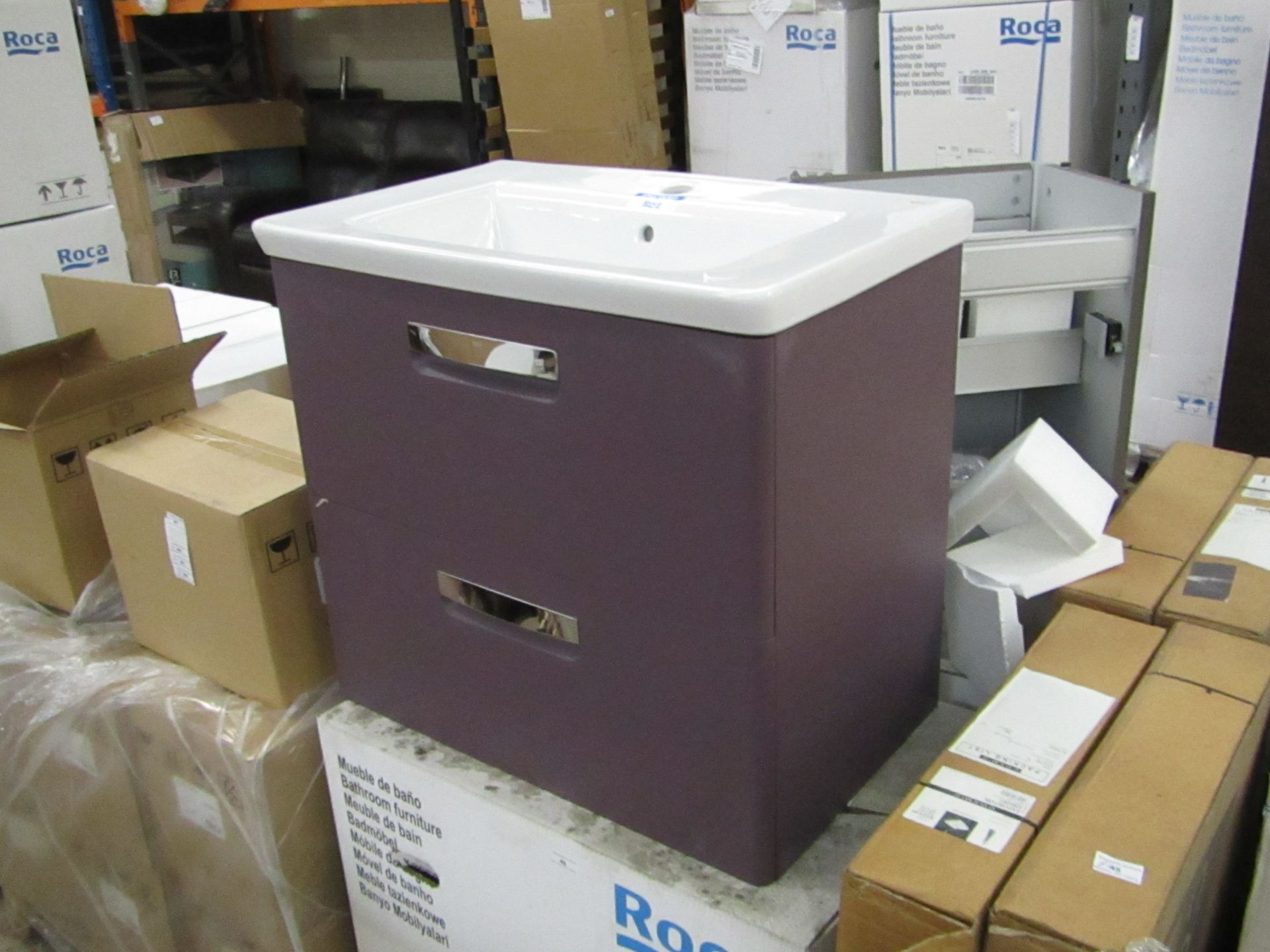 Roca Gap Grape coloured 2 drawer 680mm wall hung vanity unit with matching Gap 1 tap hole Sink, both