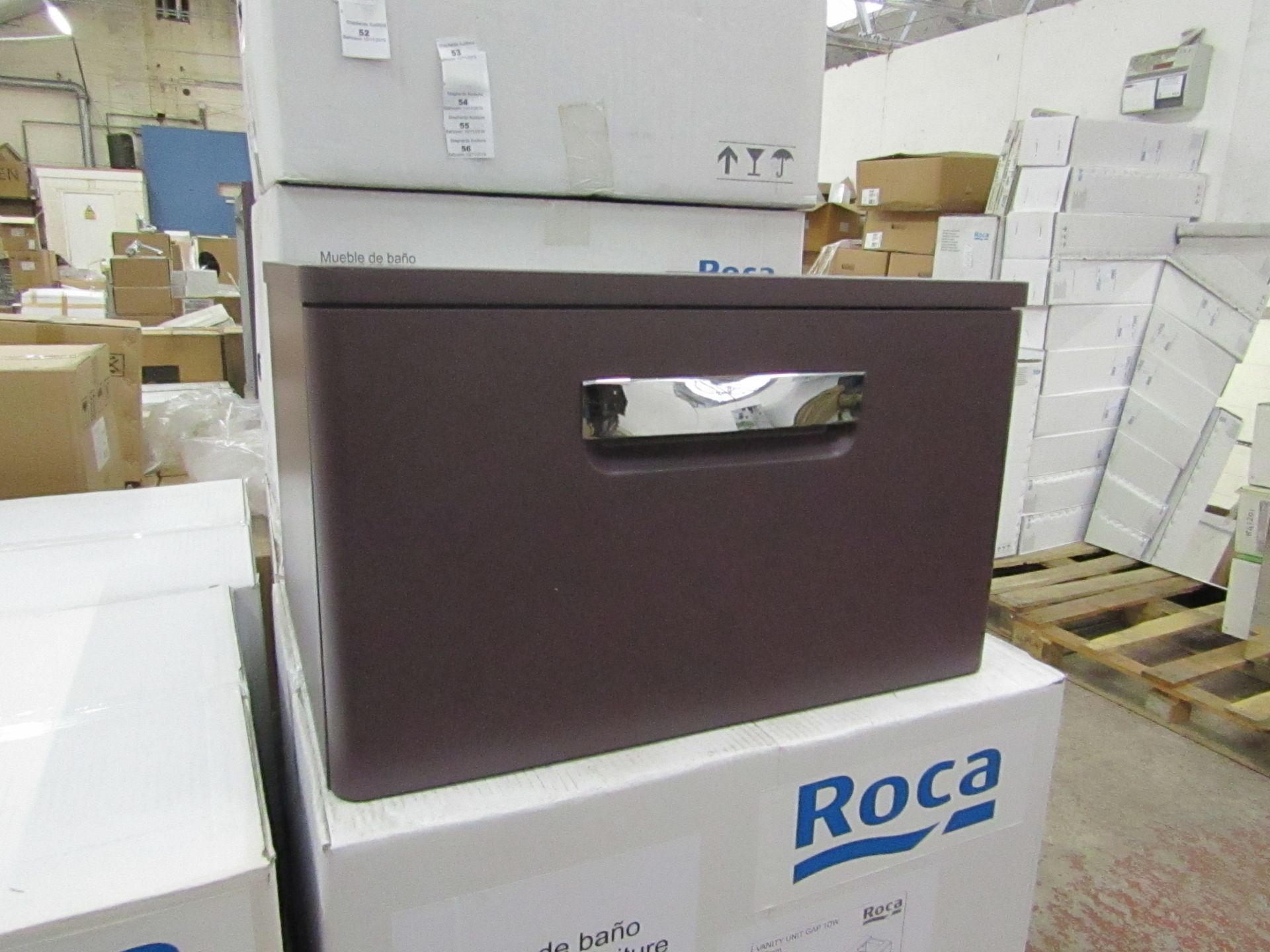 Roca Gap 550mm Grape colured single drawer wall hung vanity unit with built on work top, new and