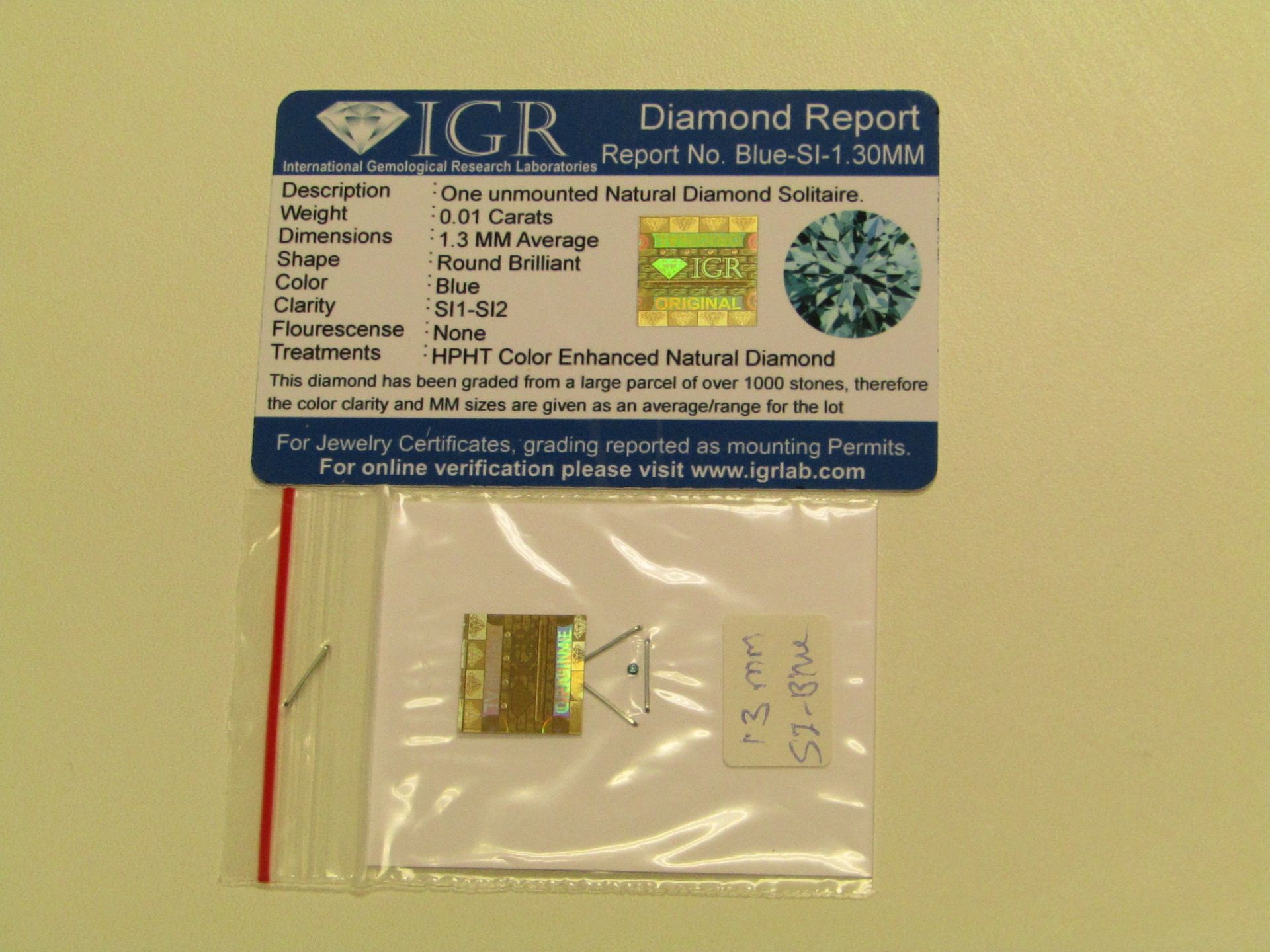 Certified - Unmounted Natural Blue Diamond Solitaire - 0.01 carat, 1.3mm round cut,