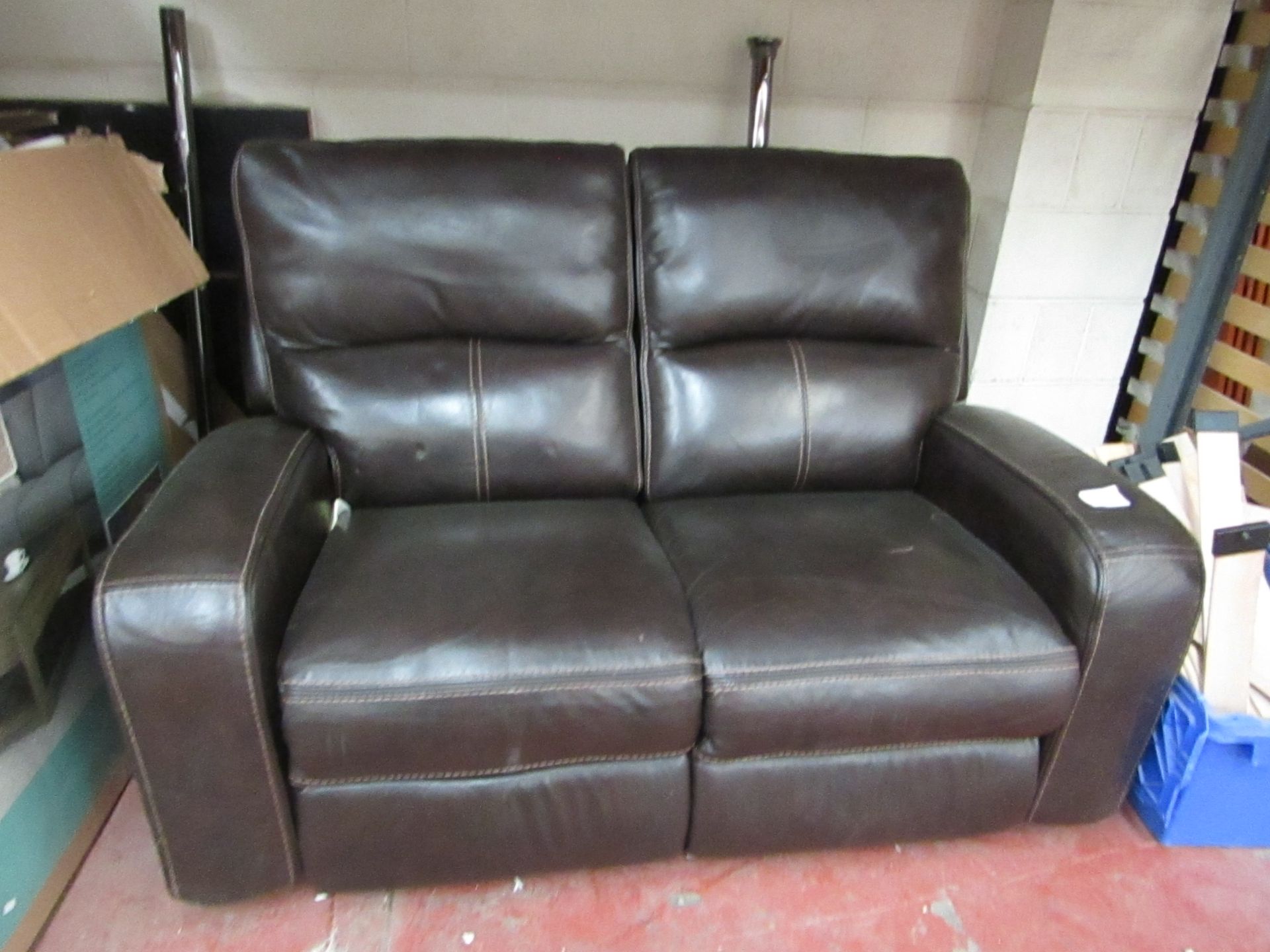 Zach 2 Seater Brown Leather Power Recliner Sofa RRP £929.89, Damage to Seat Cushion but Tested