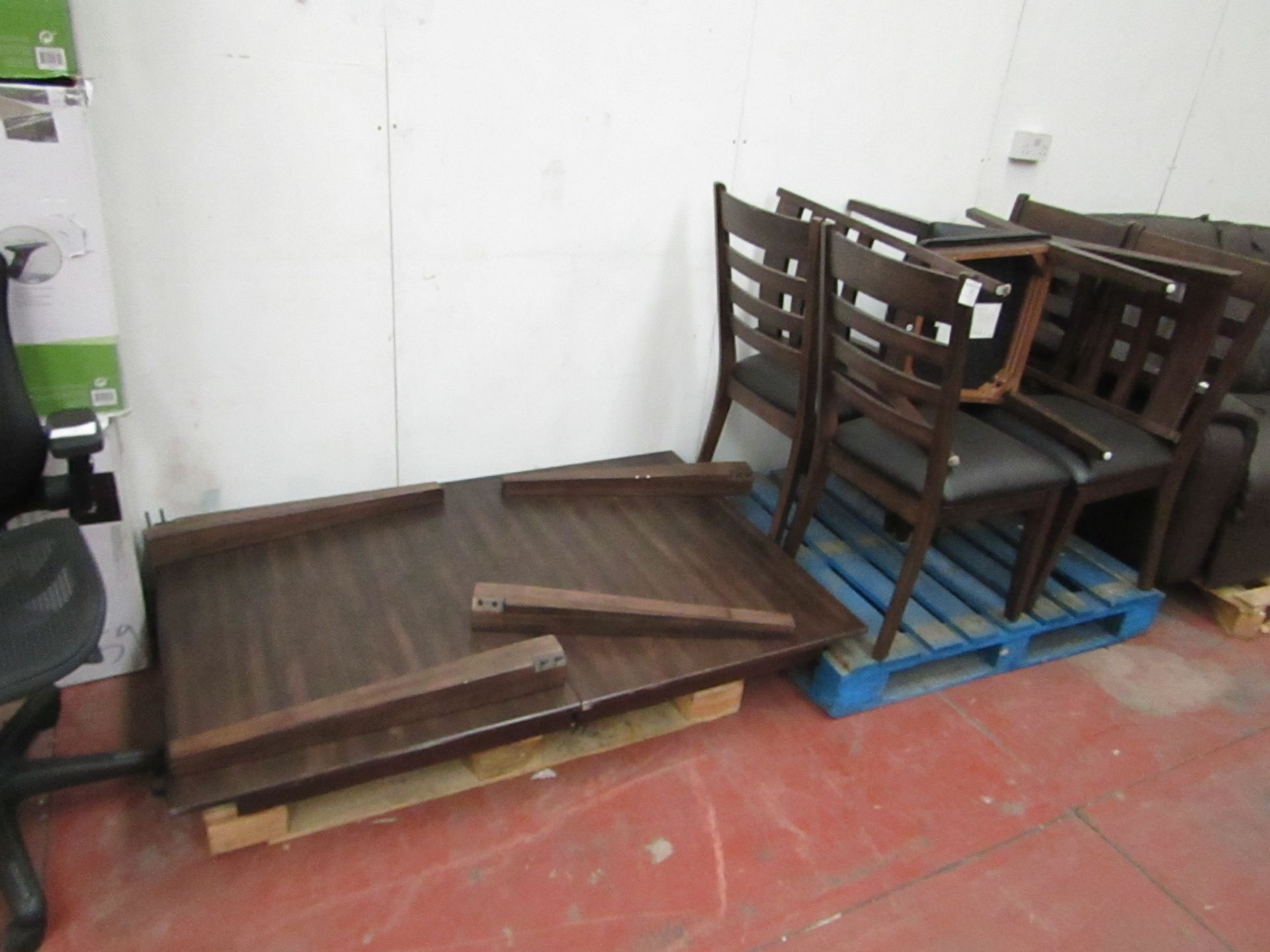 7 piece Dining Set, Complete apart from bolts for legs, The are a few scuffs but no major damage.