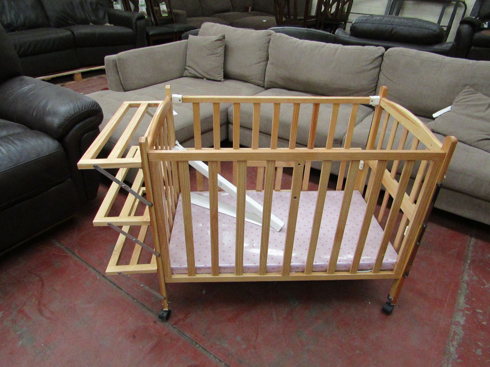 Wooden Cot with Blue Mattress, new and boxed