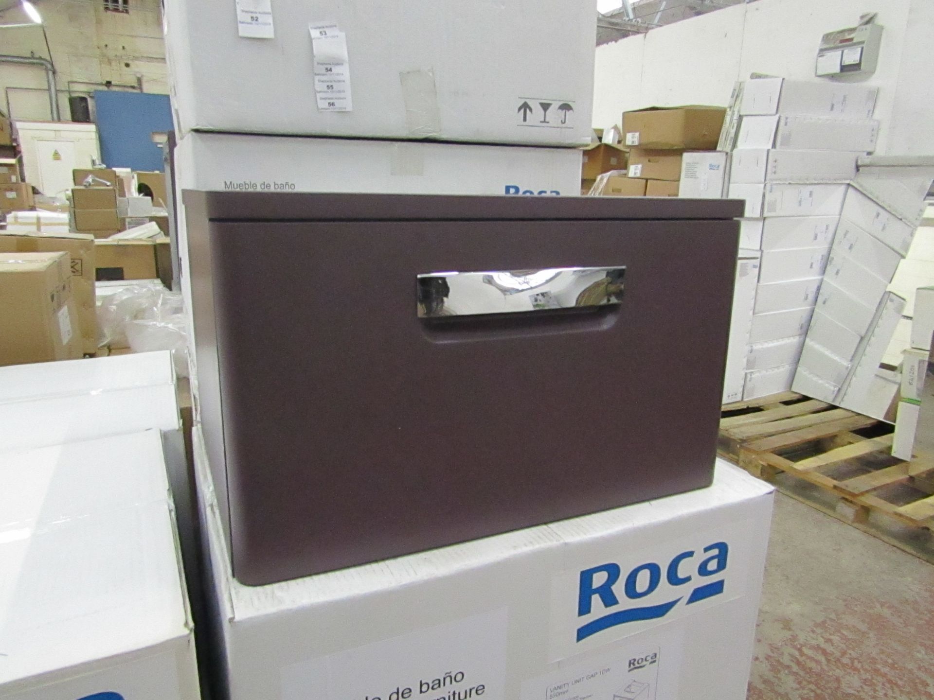 Roca Gap 550mm Grape colured single drawer wall hung vanity unit with built on work top, new and
