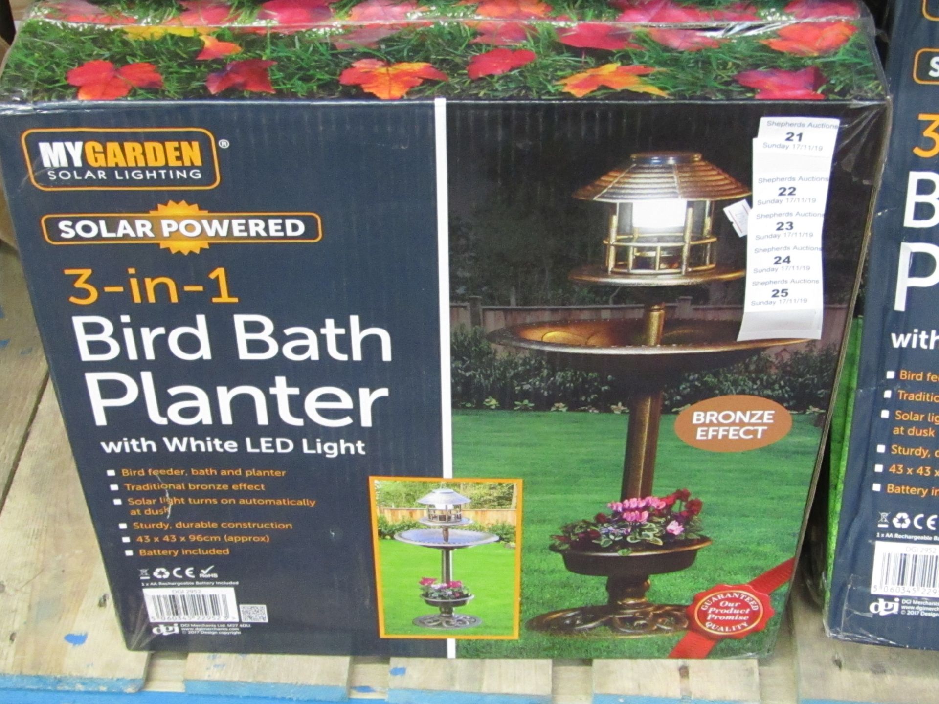 My Garden Solar Powered 3 in 1 Bird Bath Planter with White LED Light. Boxed but unchecked