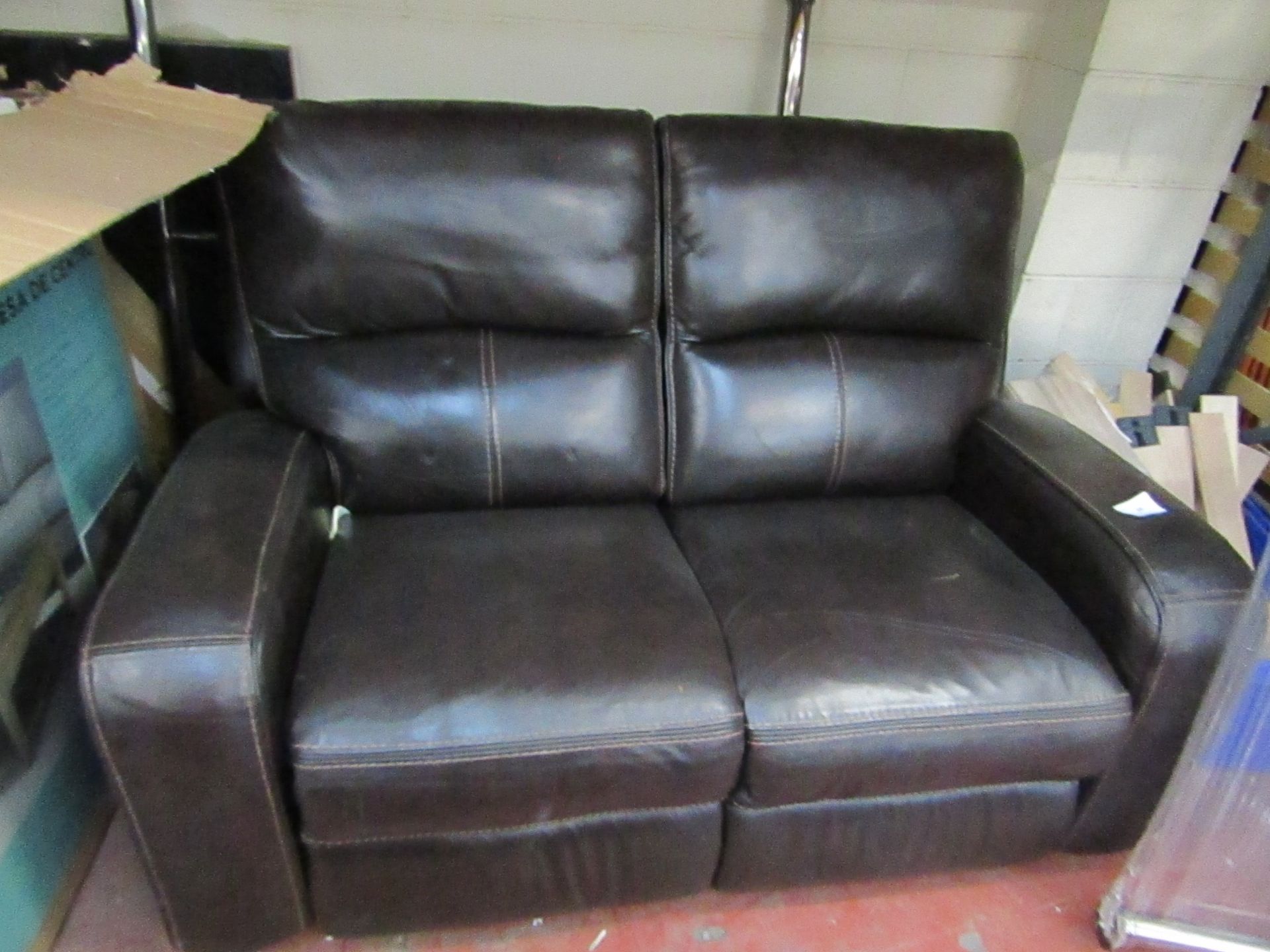 Zach 2 Seater Brown Leather Power Recliner Sofa RRP £929.89, Damage to Seat Cushion but Tested