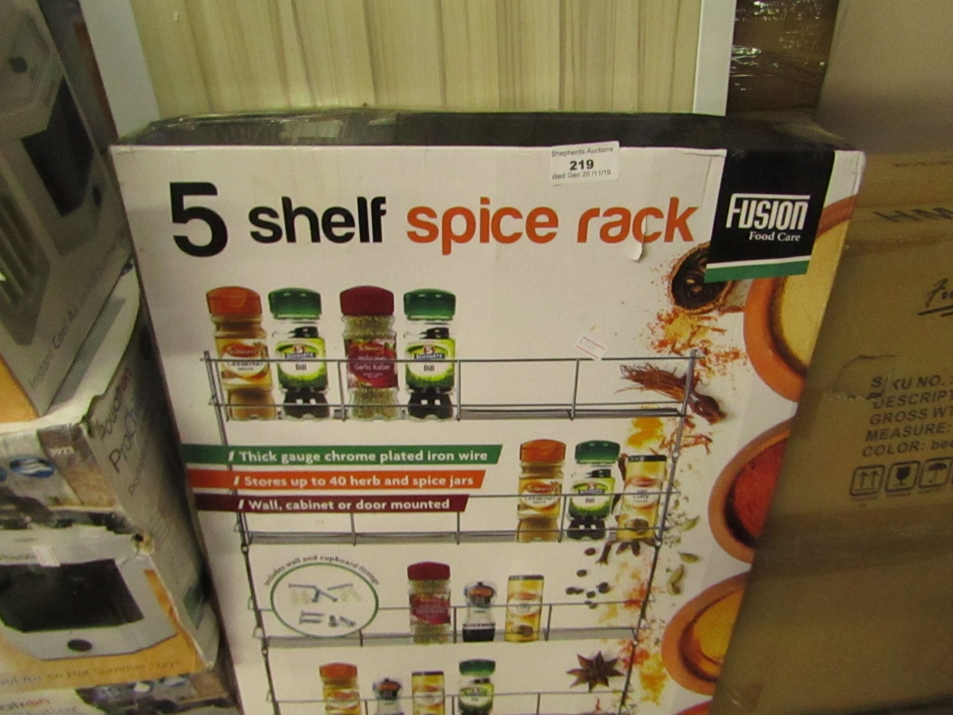 Fusion 5 Shelf Spice Rack holds Up To 40 Jars packaged