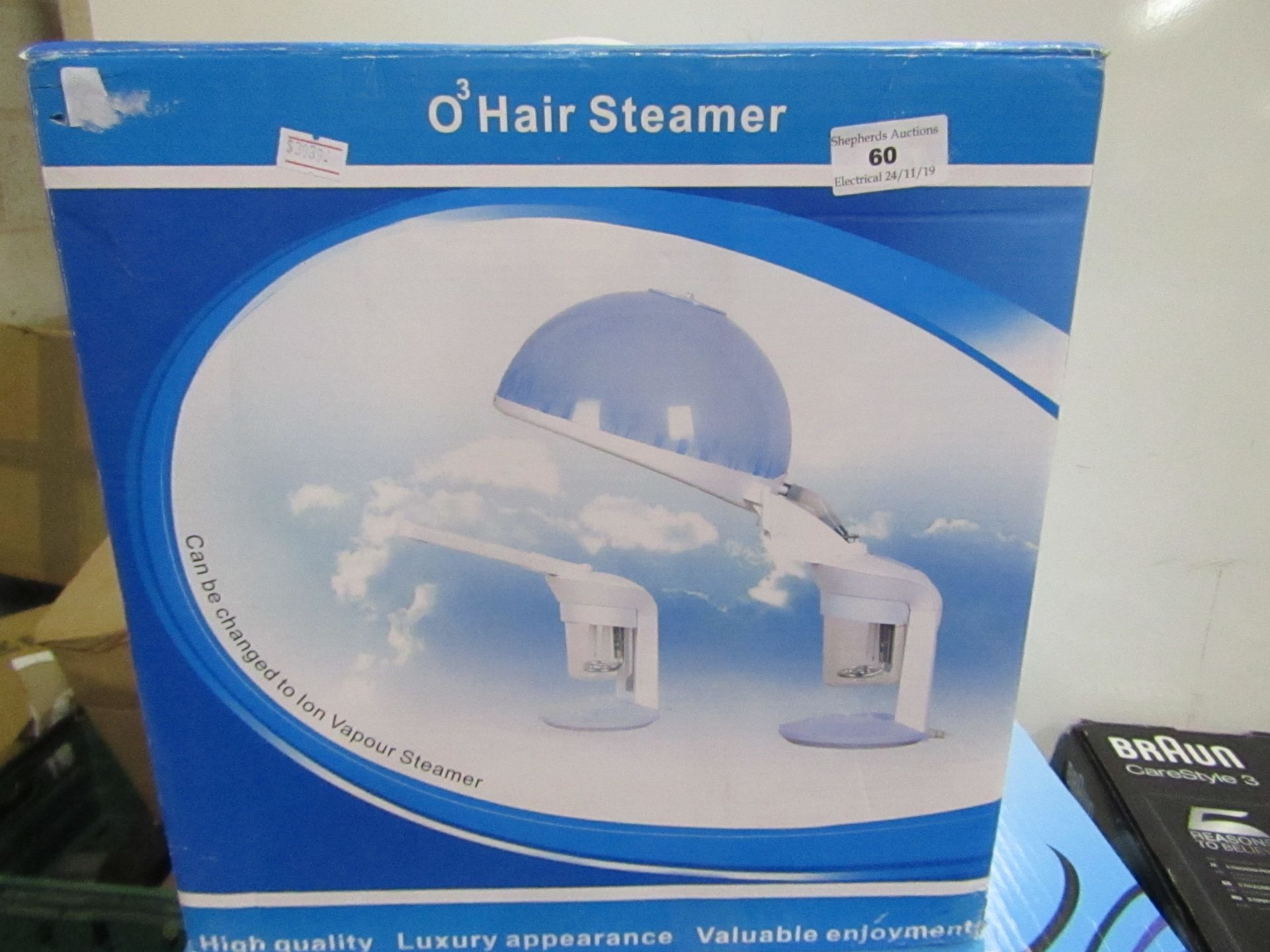 O3 high quality 2 function hair steamer, untested and boxed.