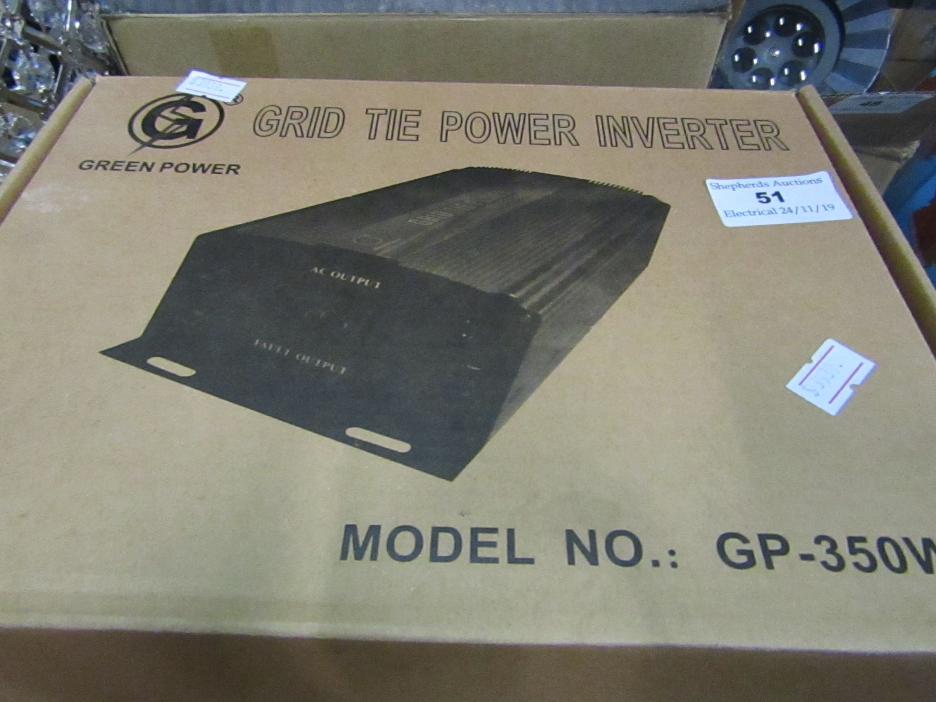 Grid tie power inverter GP-350W, untested and boxed.