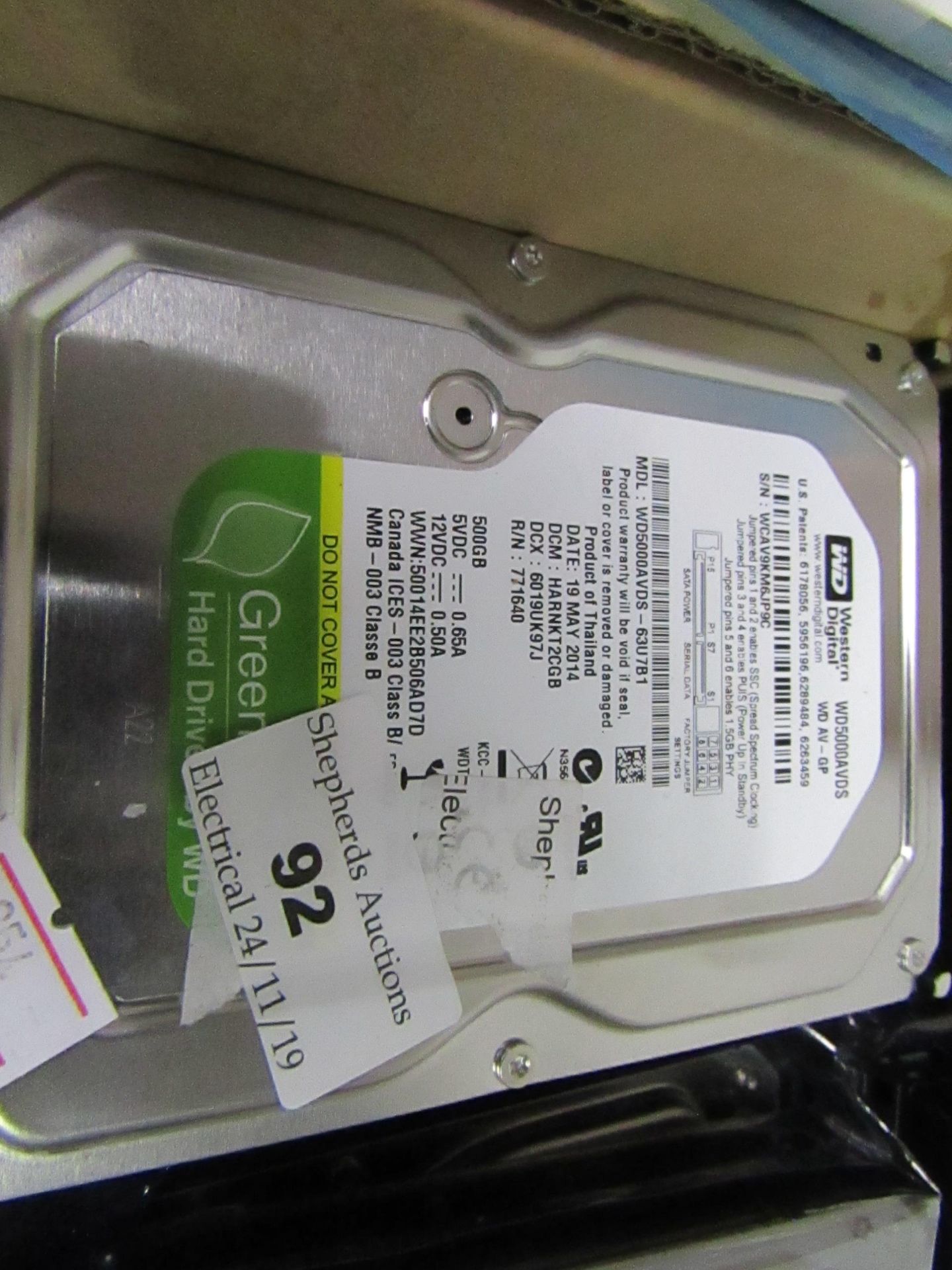 Western Digital 500GB hard drive, tested working.