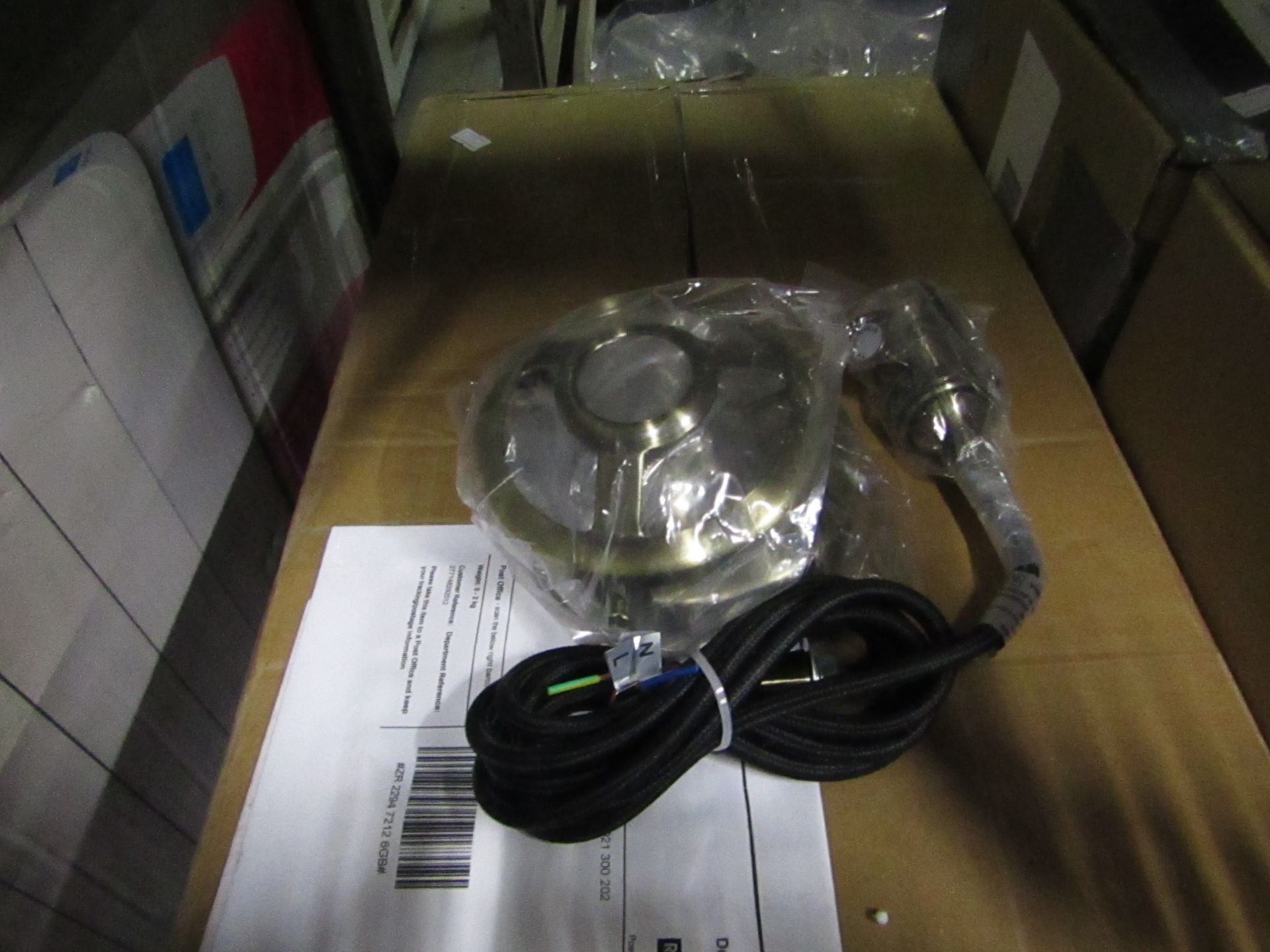 Ceiling pendant light fitting with shade, untested and boxed.