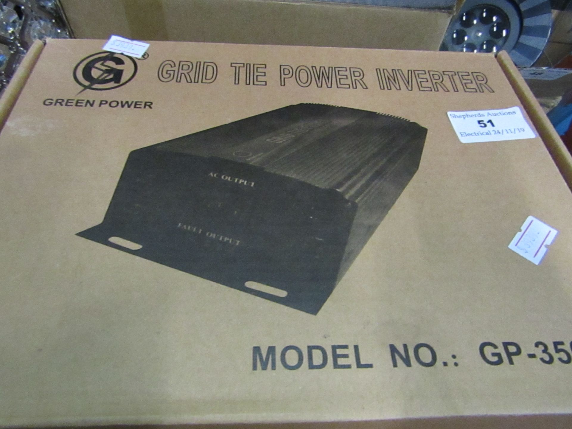 Grid tie power inverter GP-350W, untested and boxed.