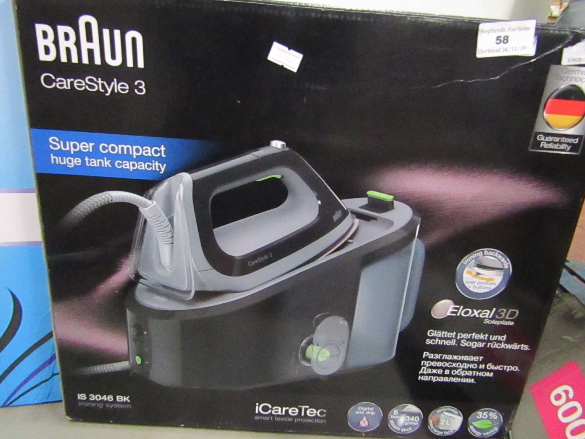 Braun Care Style 3 super compact iCare Tec steam generator iron, powers on and boxed.