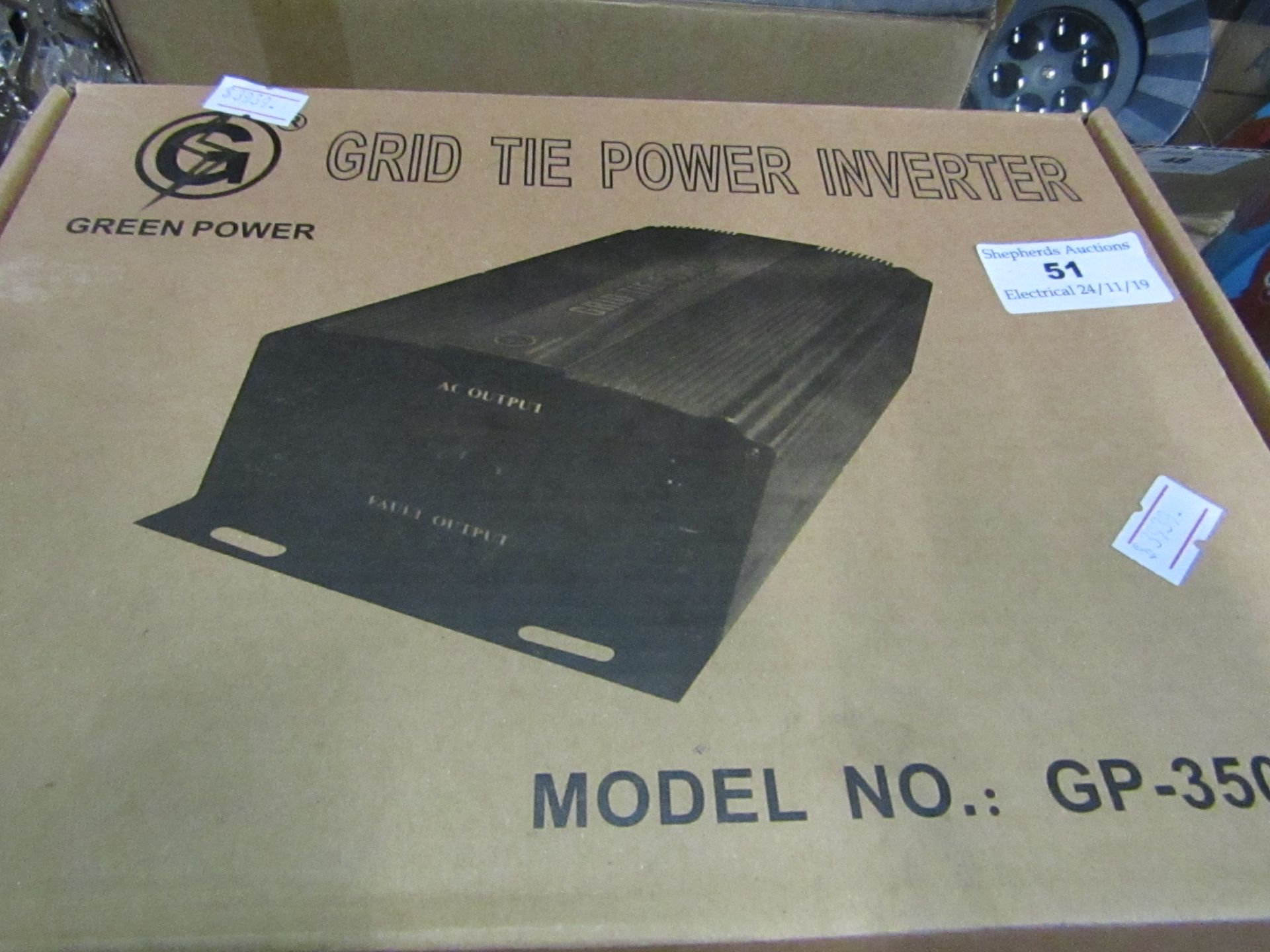 Grid tie power inverter GP-350W, untested and boxed.