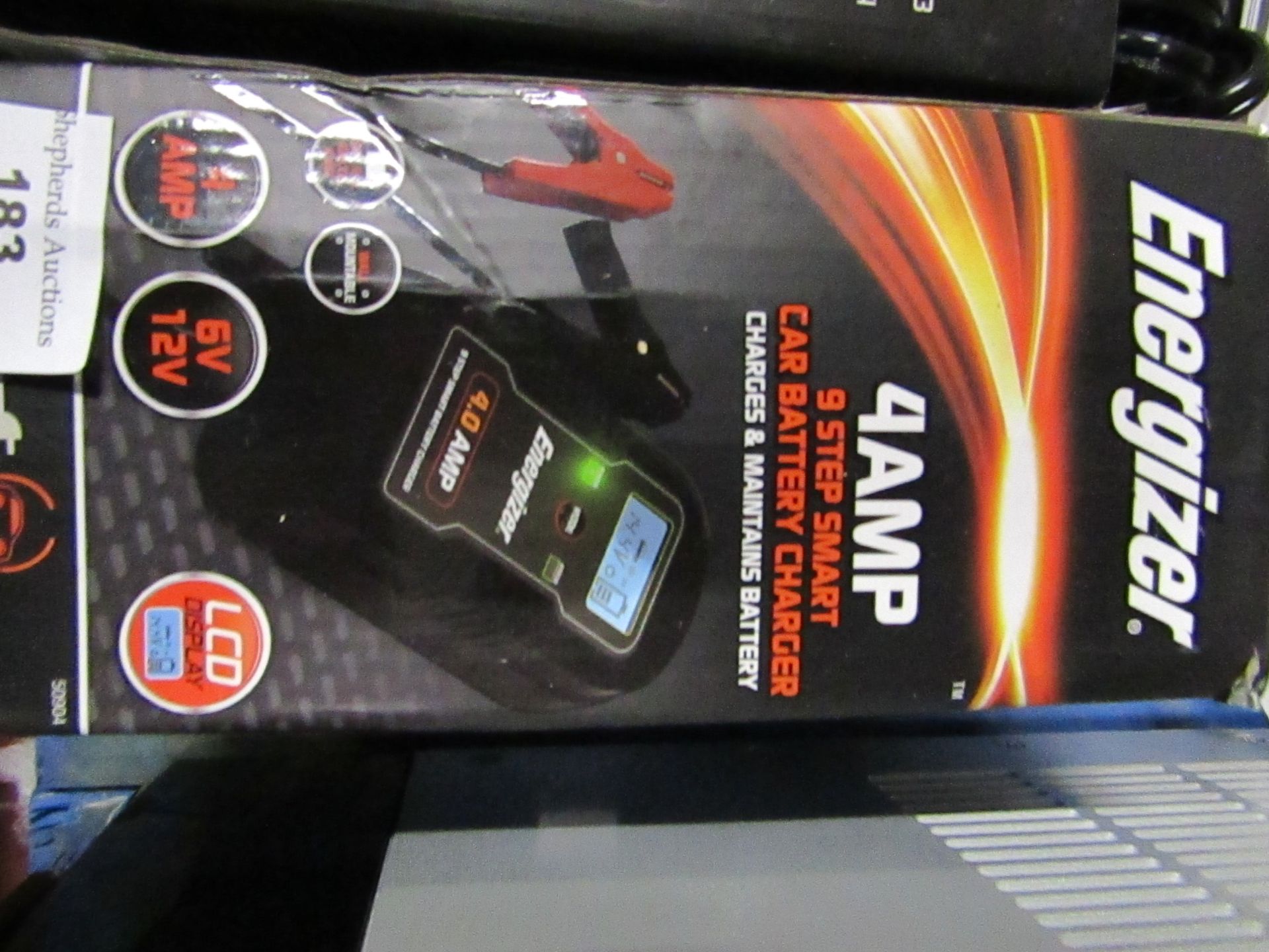 Energizer - 4AMP 9 step smart car battery charger, untested and boxed.