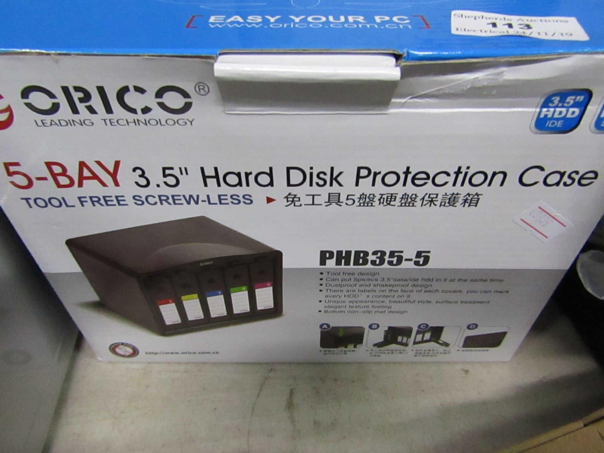 Orico 5 bay 3.5" hard disk protection case, untested and boxed.