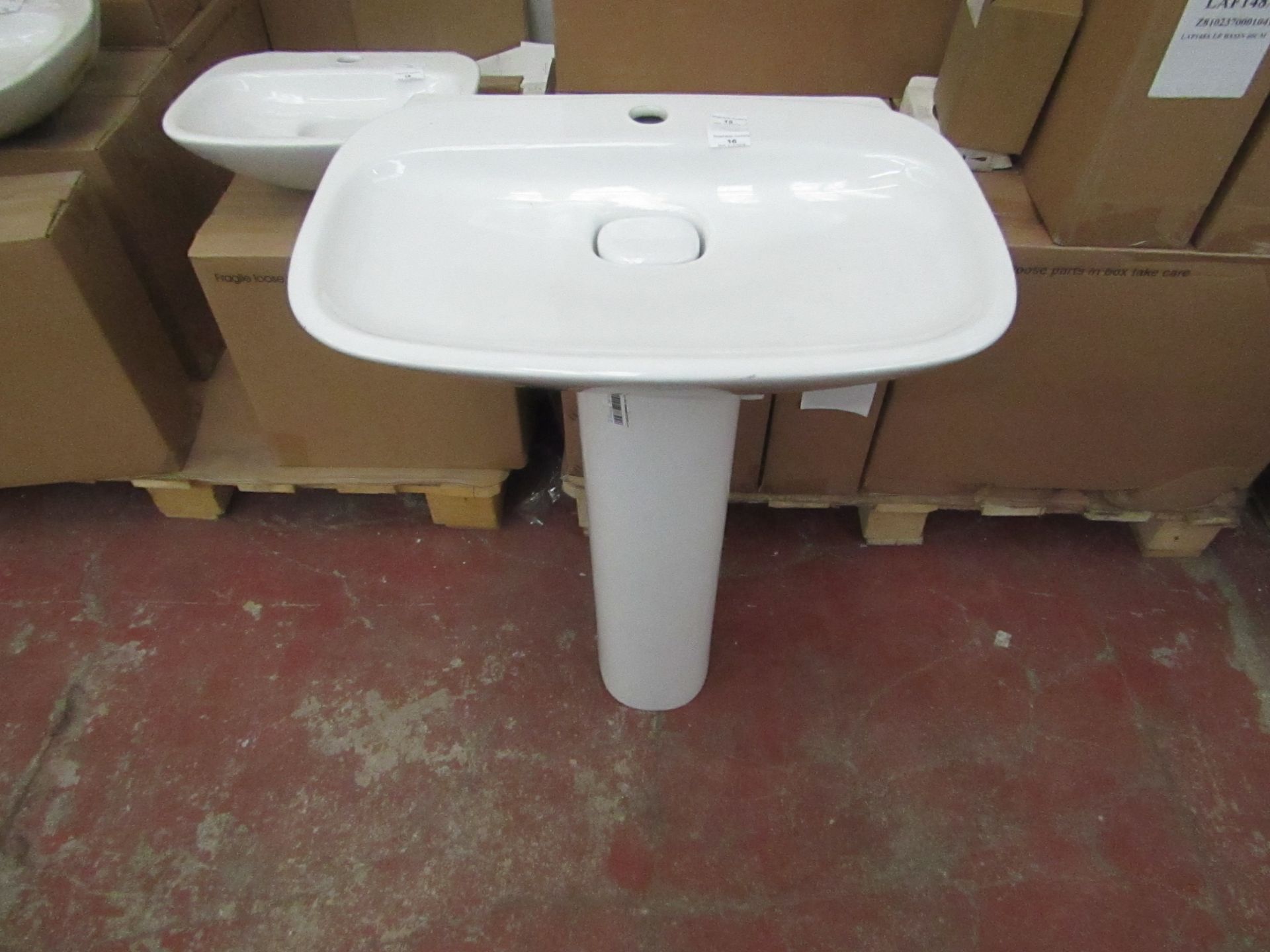 Laufen made 400mm 1 tap Hole sink with porcelain drain cover with , matching full pedestal, new