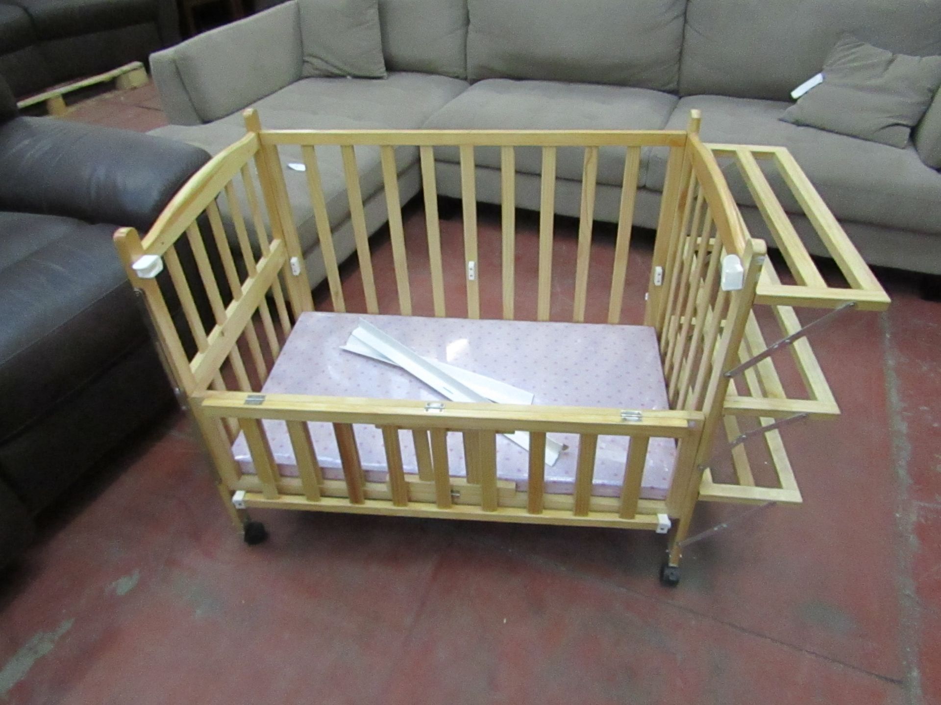 Wooden Cot with Blue Mattress, new and boxed