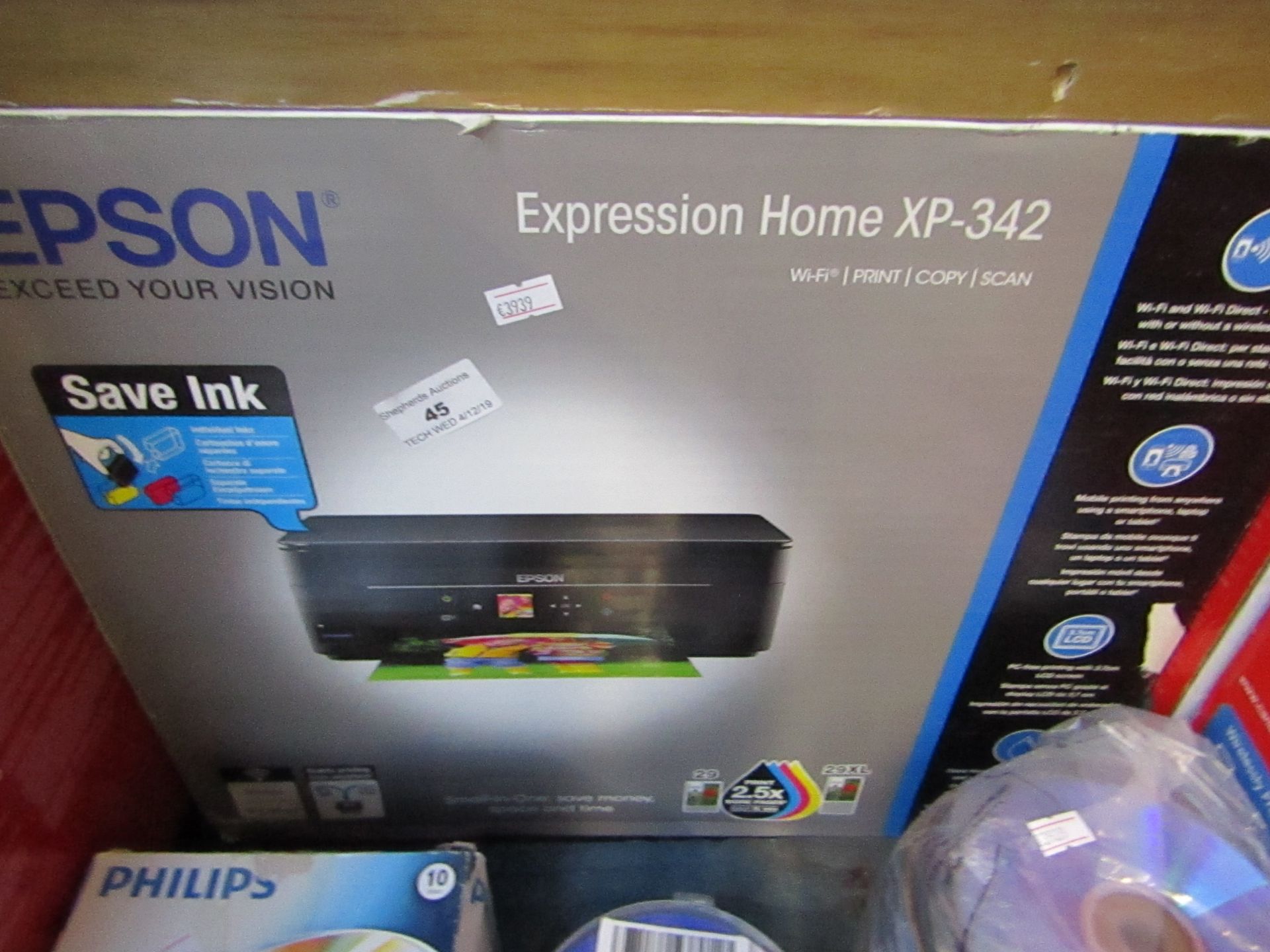 Epson Expression Home XP-342 wireless printer, boxed and unchecked.