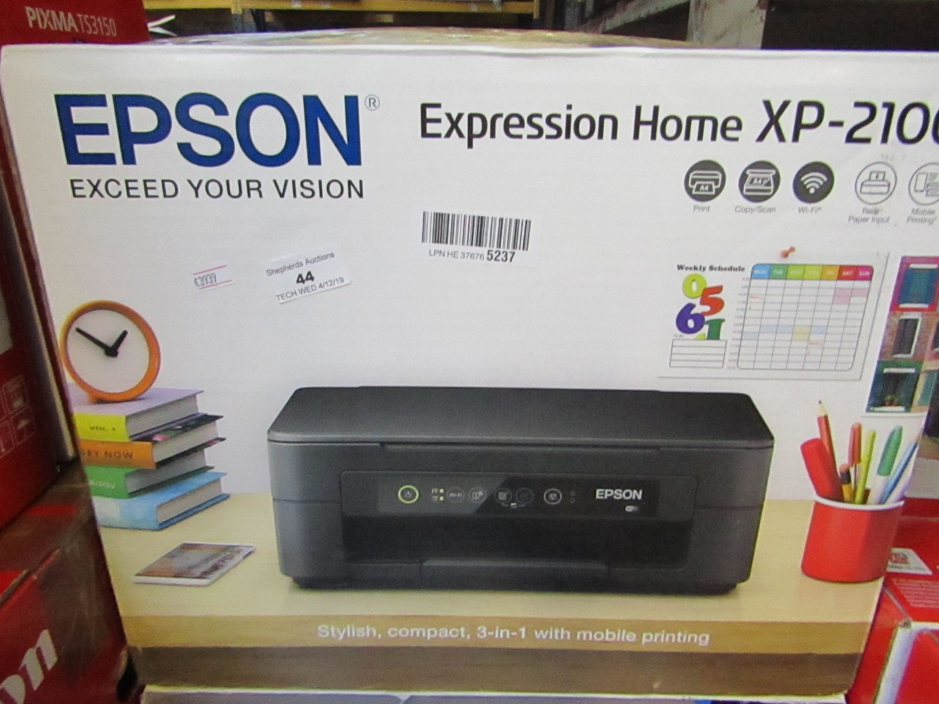 Epson Expression XP-2100 wireless printer, boxed and unchecked.