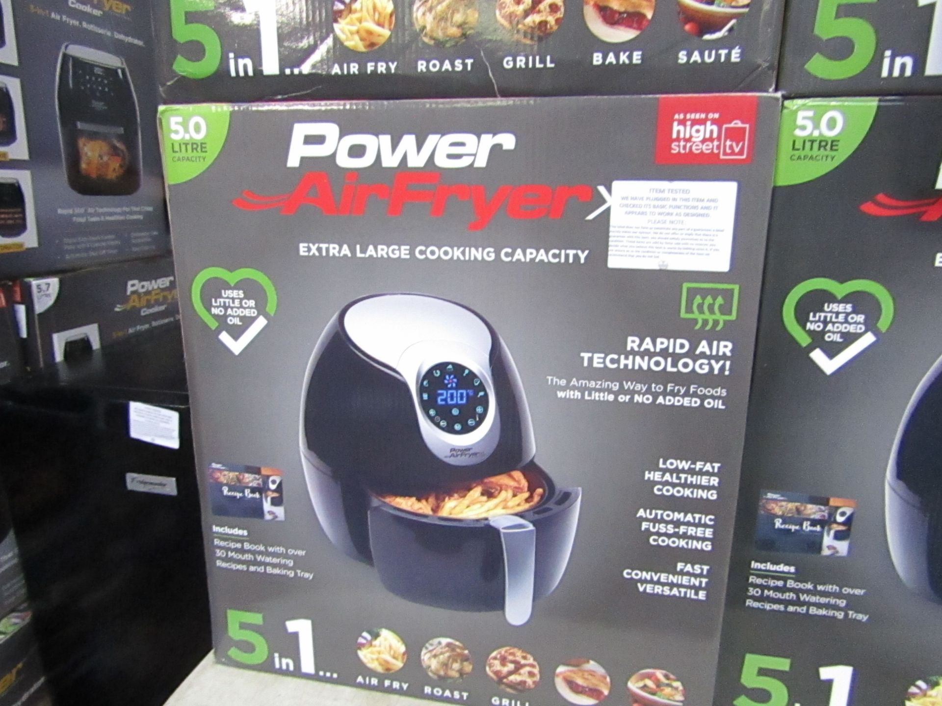 | 1x | power air fryer XL 5 litre black | tested working and boxed - unchecked for accessories |