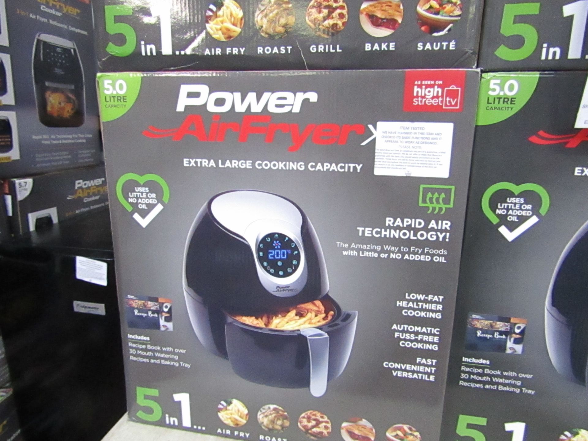| 1x | power air fryer XL 5 litre black | tested working and boxed - unchecked for accessories |