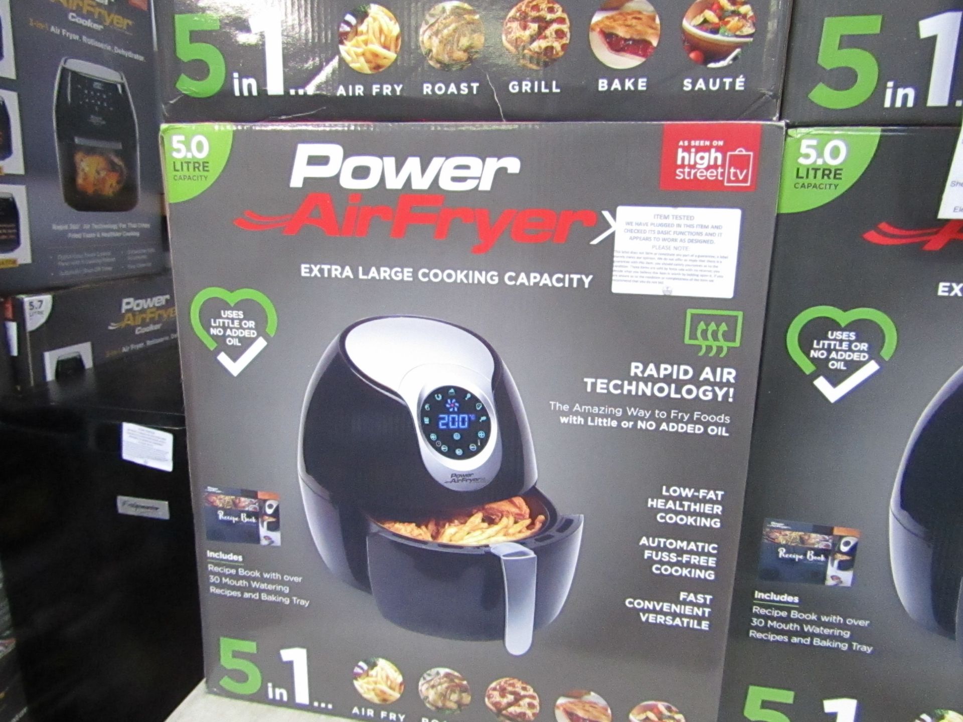 | 1x | power air fryer XL 5 litre black | tested working and boxed - unchecked for accessories |