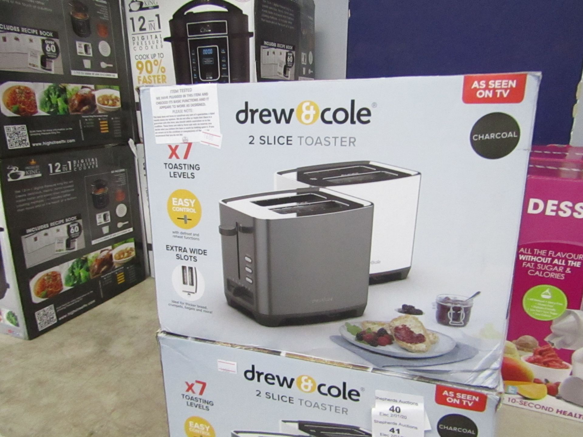 | 1x | drew&cole toaster 2 slice charcoal | tested working and boxed - unchecked for accessories |