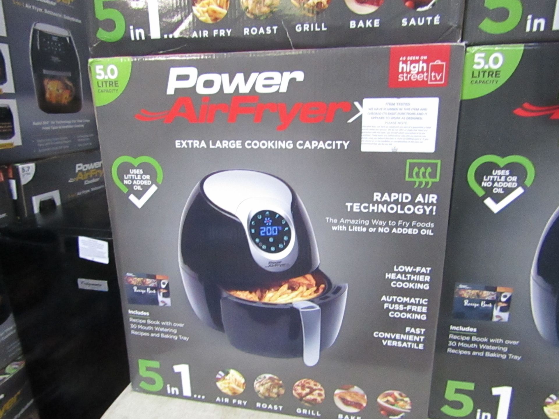 | 1x | power air fryer XL 5 litre black | tested working and boxed - unchecked for accessories |