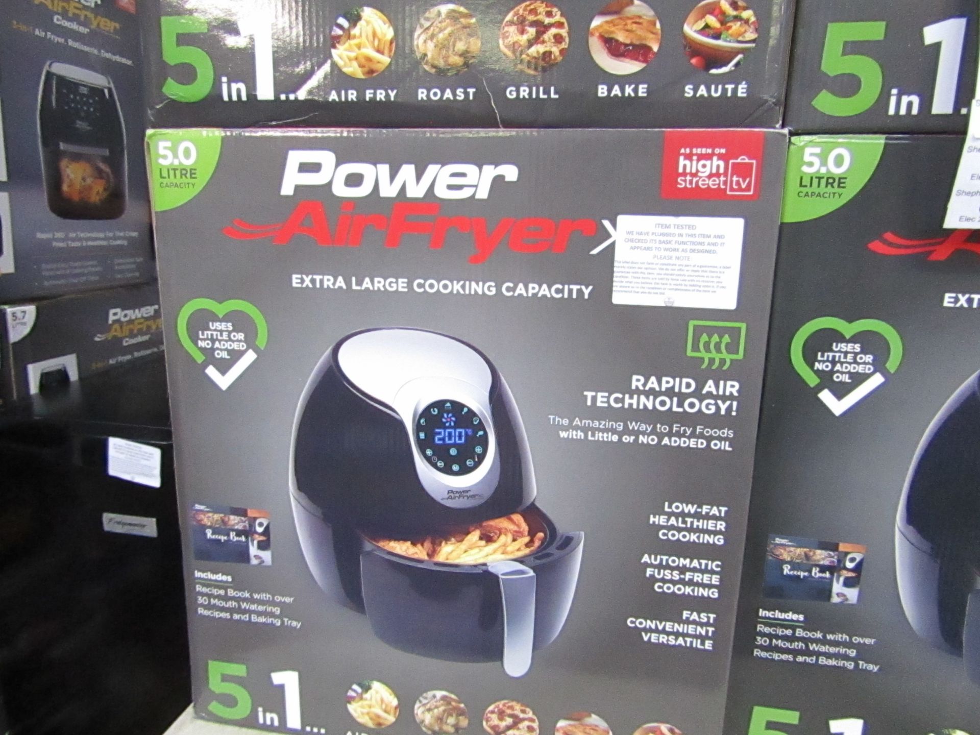 | 1x | power air fryer XL 5 litre black | tested working and boxed - unchecked for accessories |