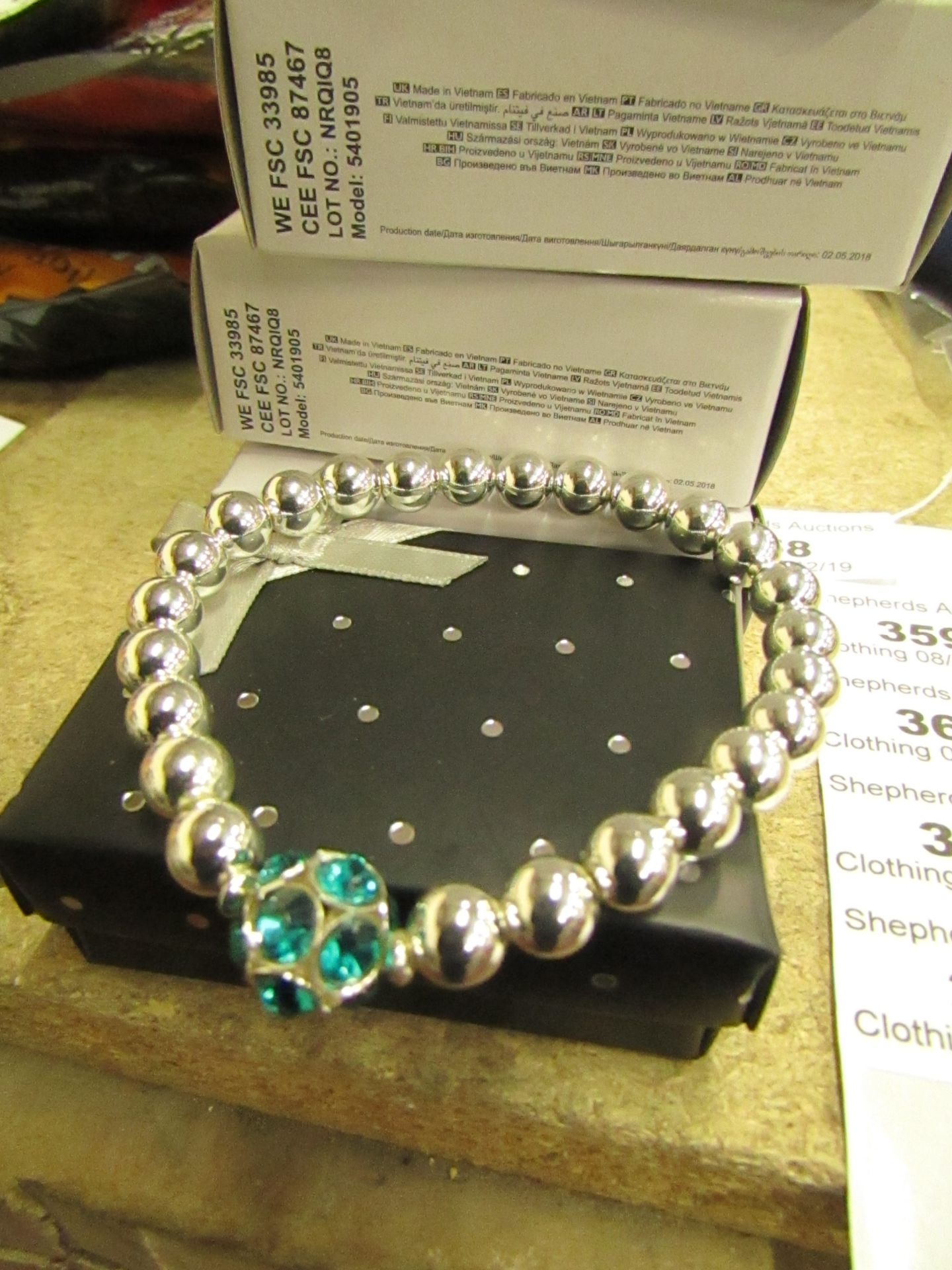 3 x Avon Brooke Stretch Sliver coloured Bead & Blue Zircon Bracelets in Gift Box new