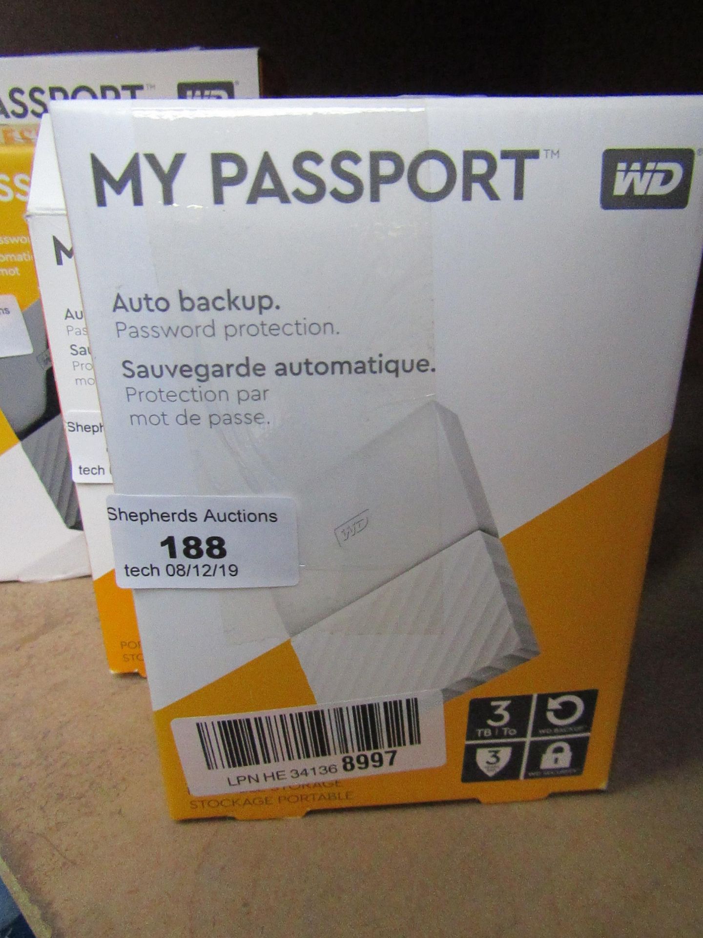 Western Digital My Passport portable storage 3TB, untested and boxed.