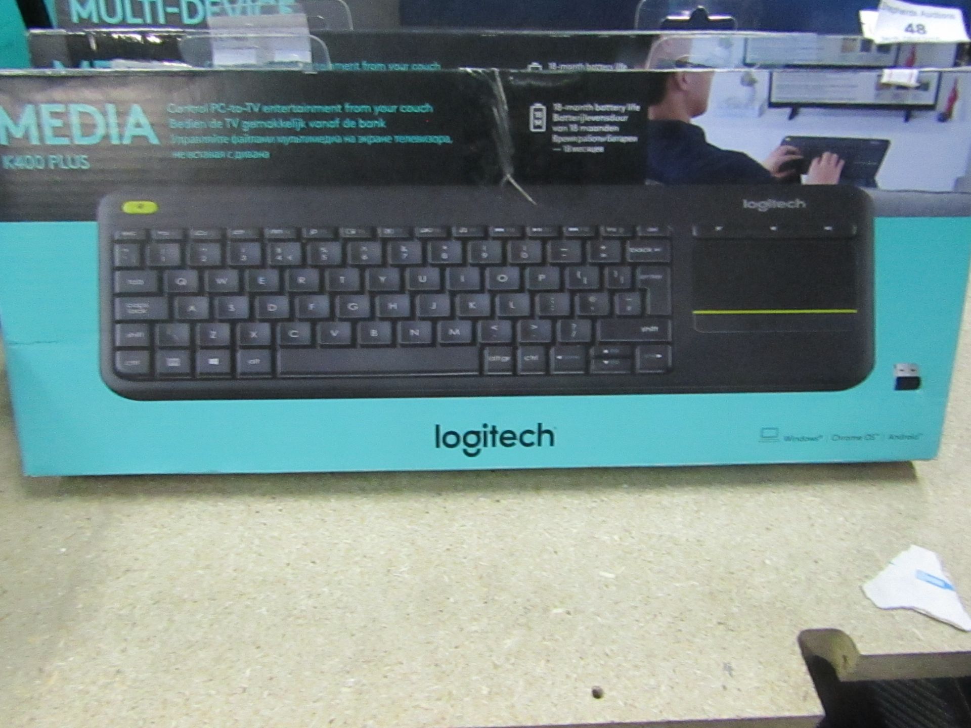 Logitech Media K400 Plus PC-TV comfort keyboard, untested and boxed.