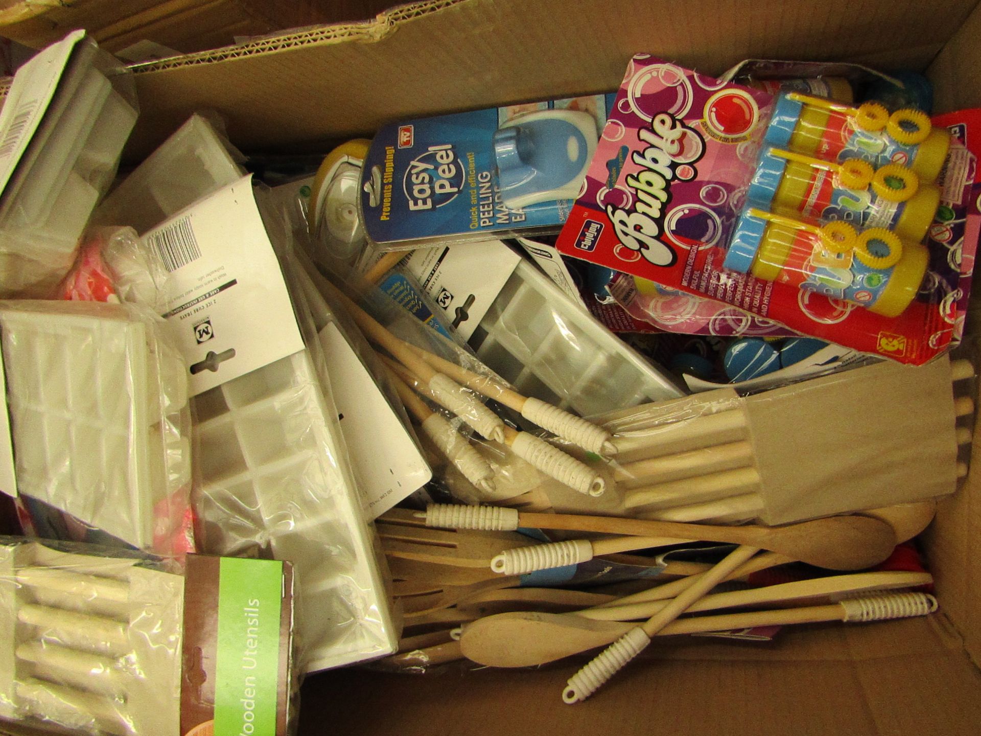 Box Containing wooden Utencils, easy peels kids bubbles.