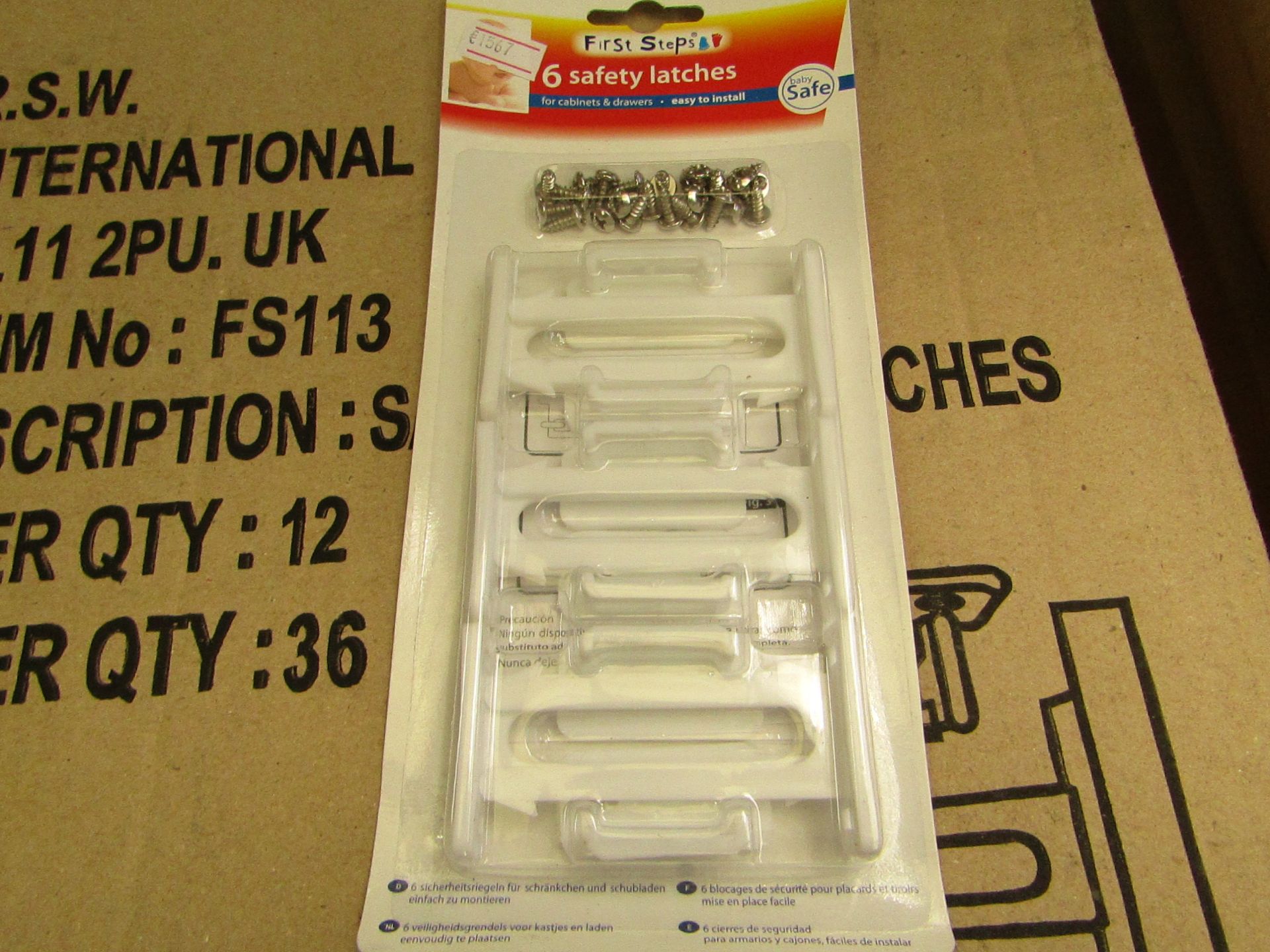 36 x First Steps 6 safety latches for cupboards & drawers. New & packaged