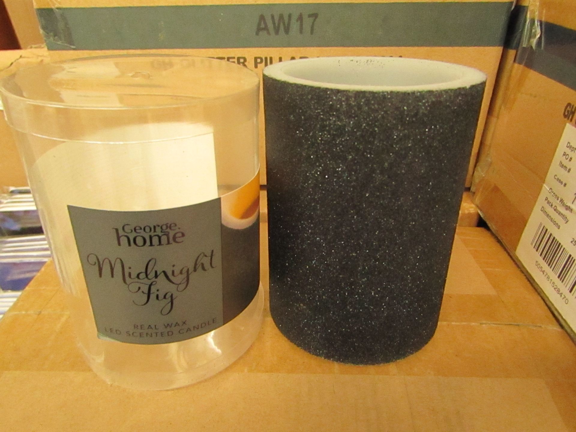 Box of 6 Glitter Pillar LED Candles Scented with Midnight Fig. New & Boxed