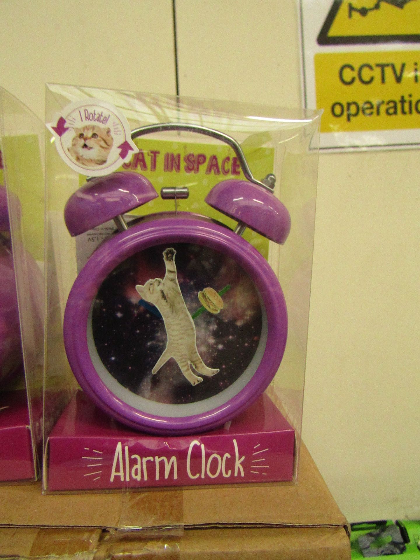 1 box of Cats in Space - Alarm clocks, (purple) 12 clocks per box, all packaged and boxed.