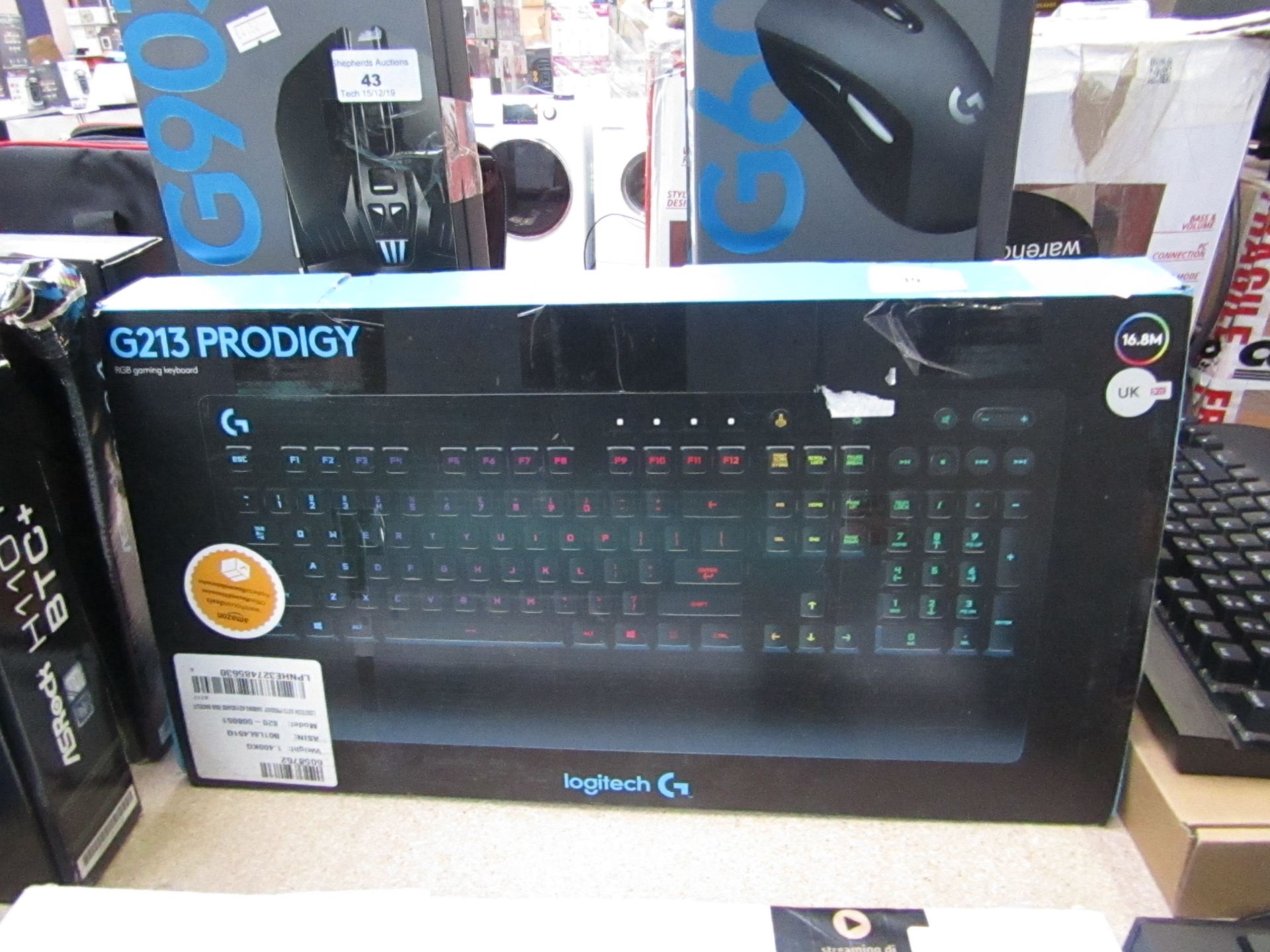 Logitech G213 Prodigy RGB gaming keyboard, untested and boxed.