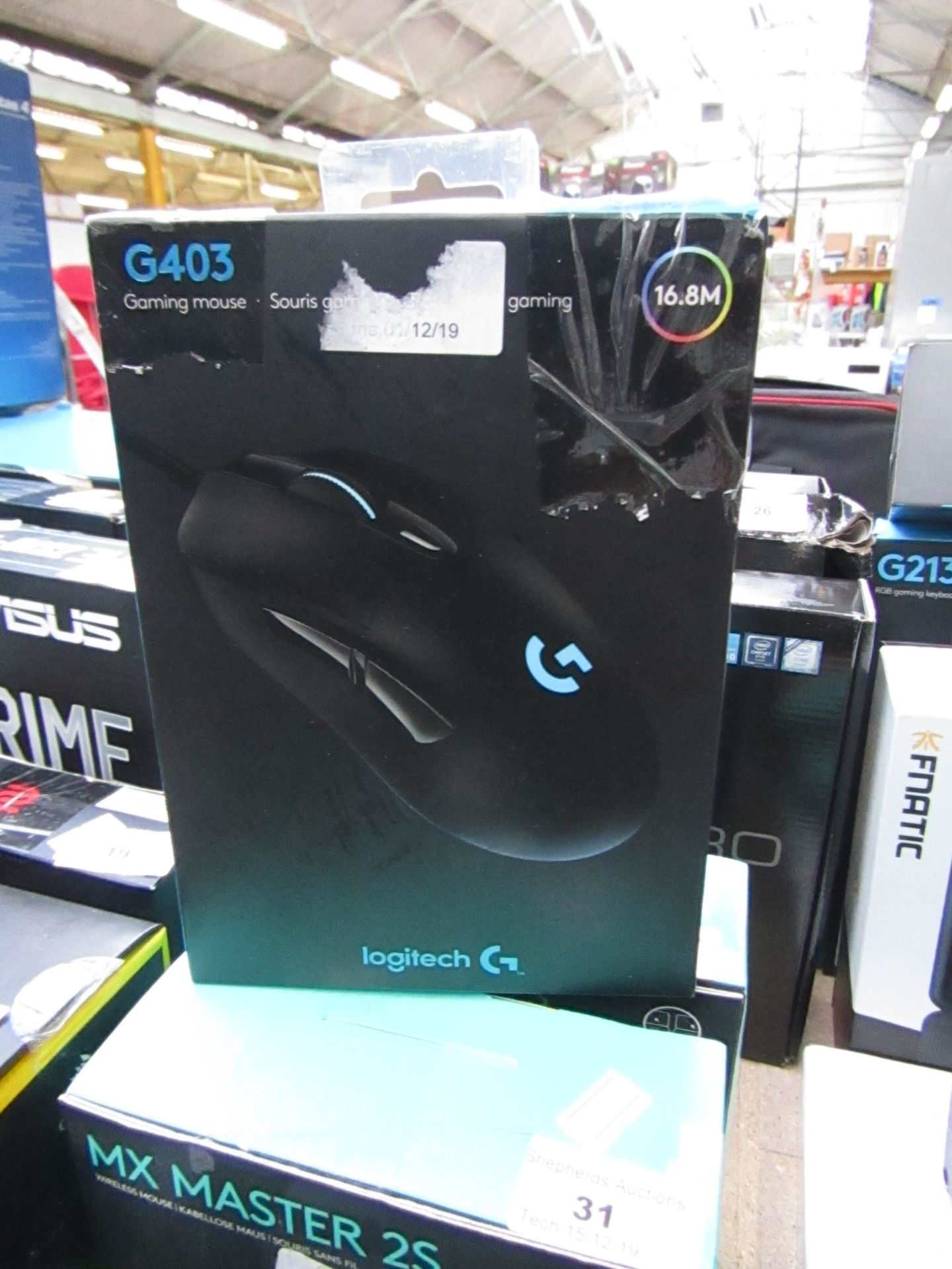 Logitech G403 gaming mouse, untested and boxed.