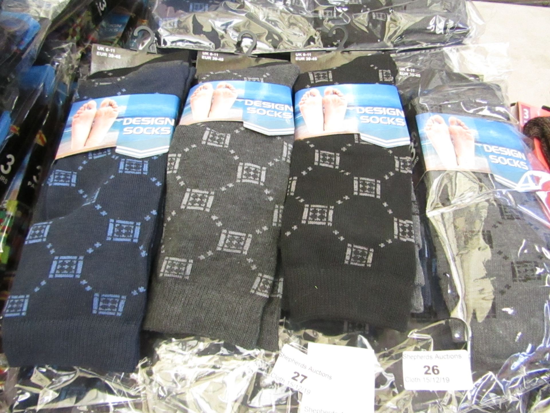 Pack of 12 pairs Mens Design Socks Grey, Navy & Black, size 6-11 all new in packaging