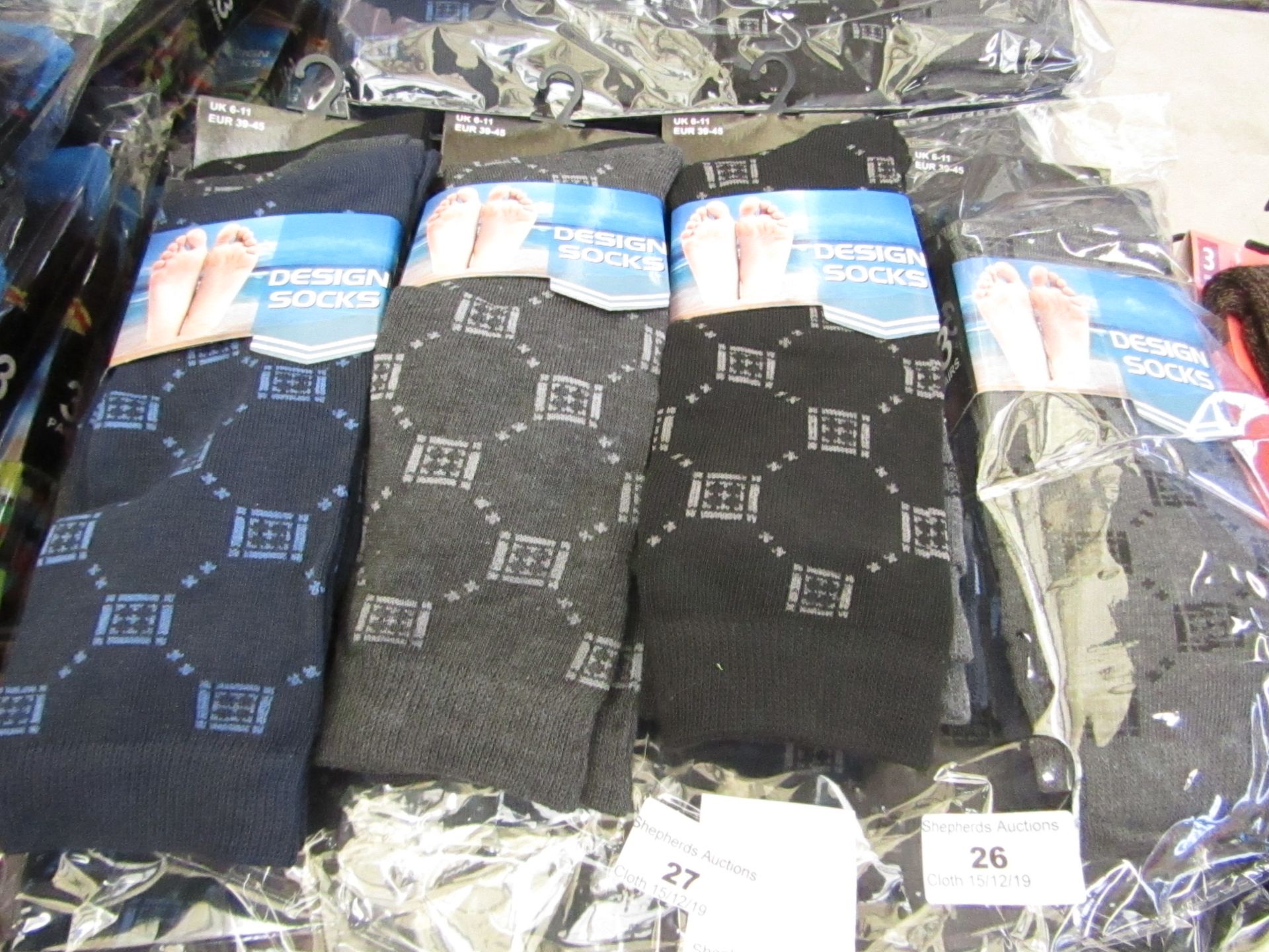 Pack of 12 pairs Mens Design Socks Grey, Navy & Black, size 6-11 all new in packaging