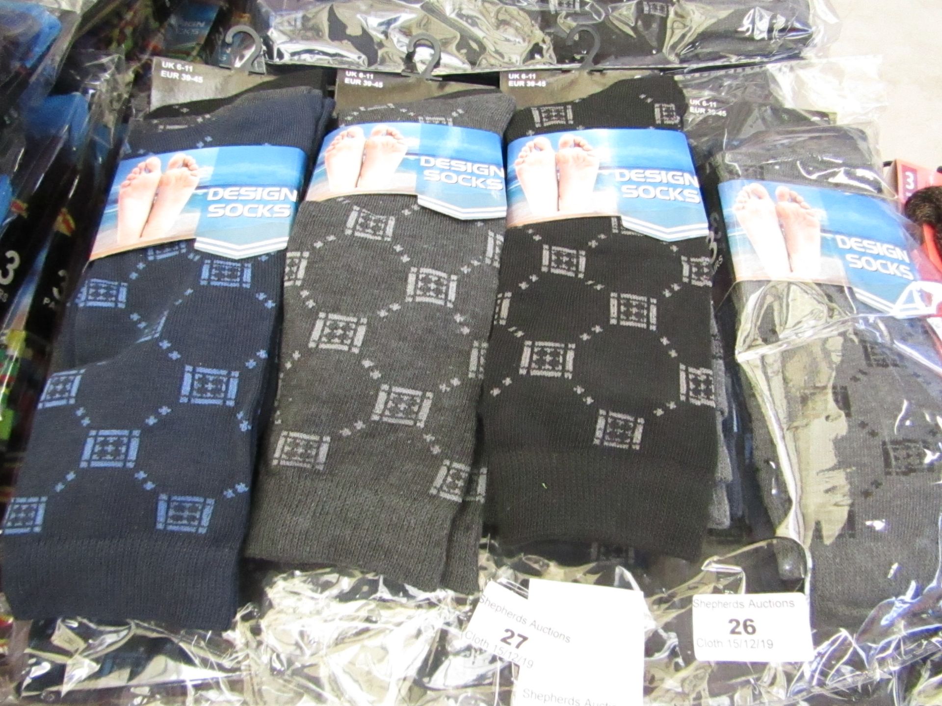 Pack of 12 pairs Mens Design Socks Grey, Navy & Black, size 6-11 all new in packaging