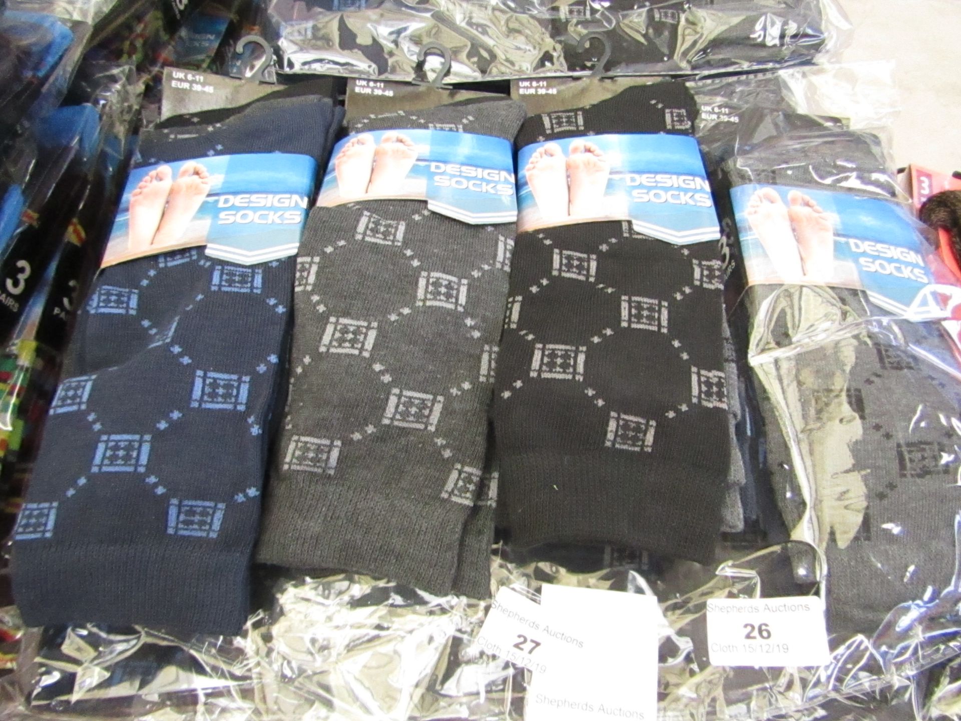 Pack of 12 pairs Mens Design Socks Grey, Navy & Black, size 6-11 all new in packaging